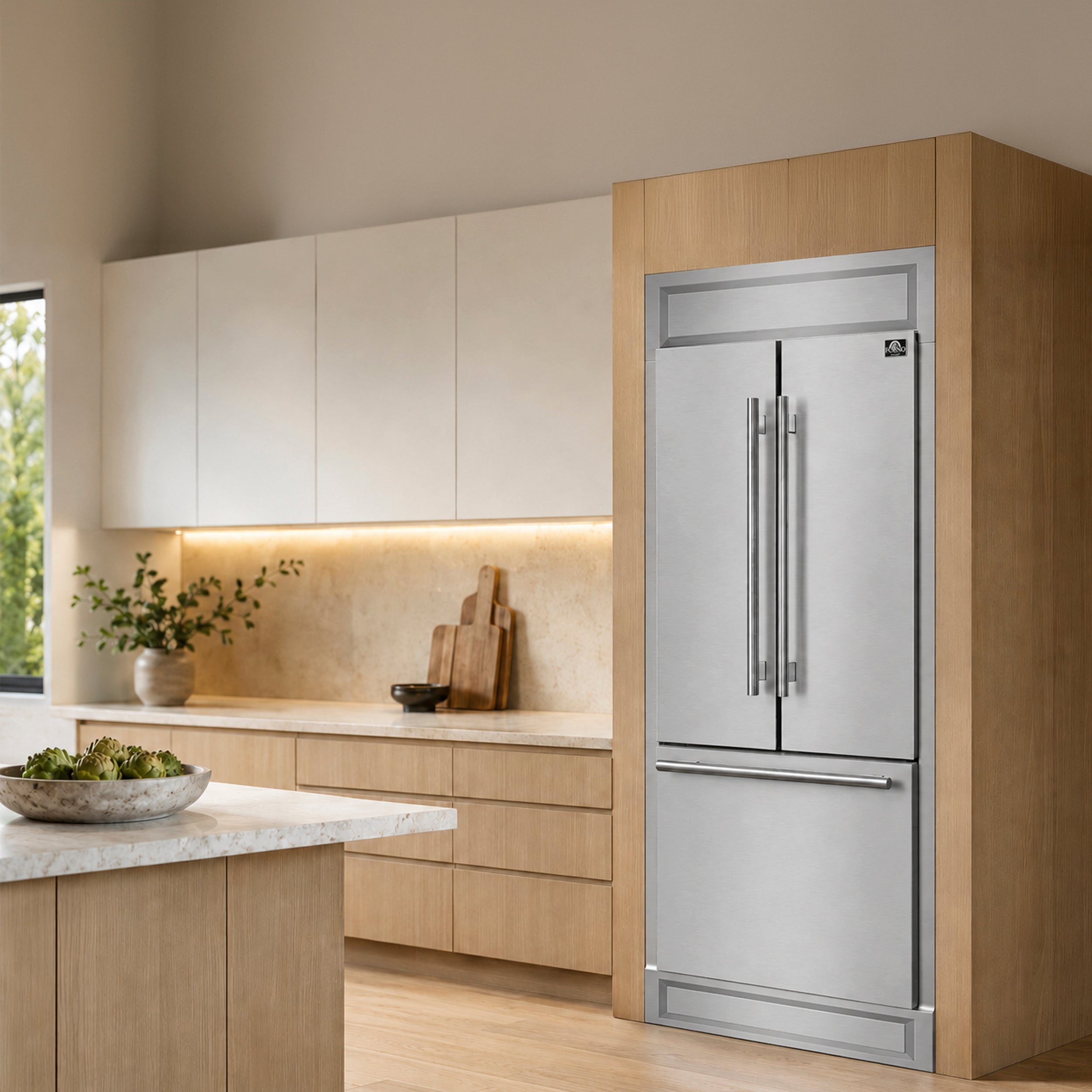 Forno Gallipoli 35 in. 17.5 cu.ft. Stainless Steel Built-In French Door Refrigerator with Ice Maker and Modern Trim Kit | FFFFD1974-35MG