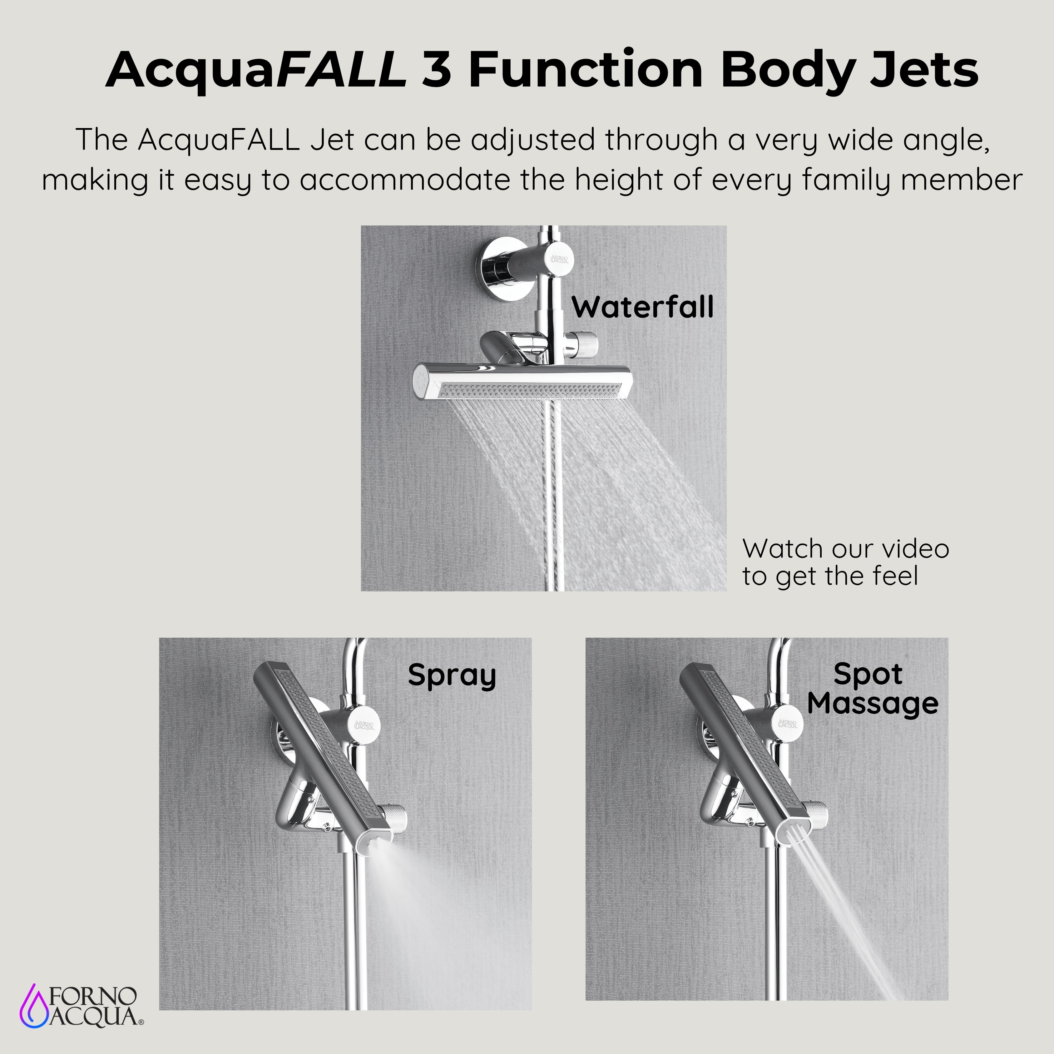 Forno Acqua AcquaFALL Shower, Brushed Nickel Finish, Overhead Rainfall Shower, 7 Way Diverter, Handheld Shower Head, Body Jets, 1.8 GPM Flow Rate
