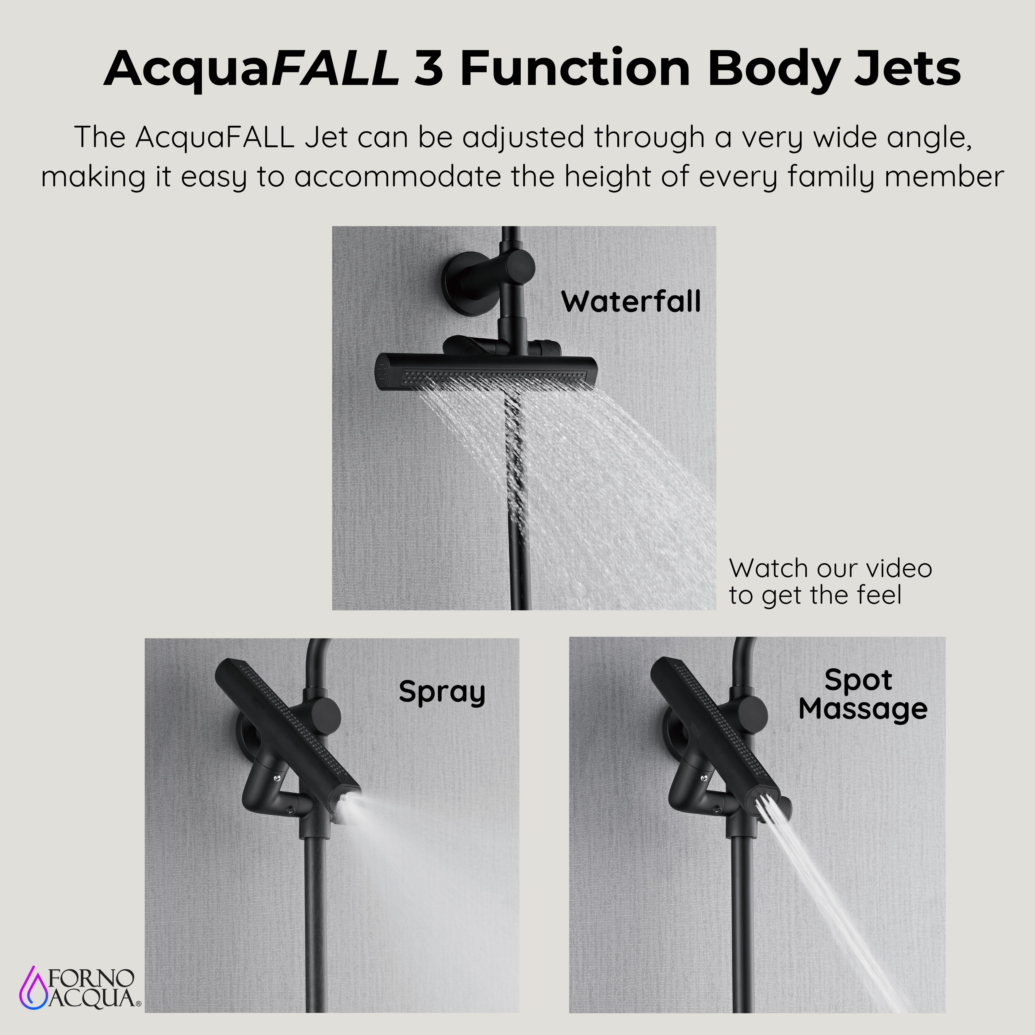Forno Acqua AcquaFALL Shower, Matte Black Finish, Overhead Rainfall Shower, 7 Way Diverter, Handheld Shower Head, Body Jets, 1.8 GPM Flow Rate