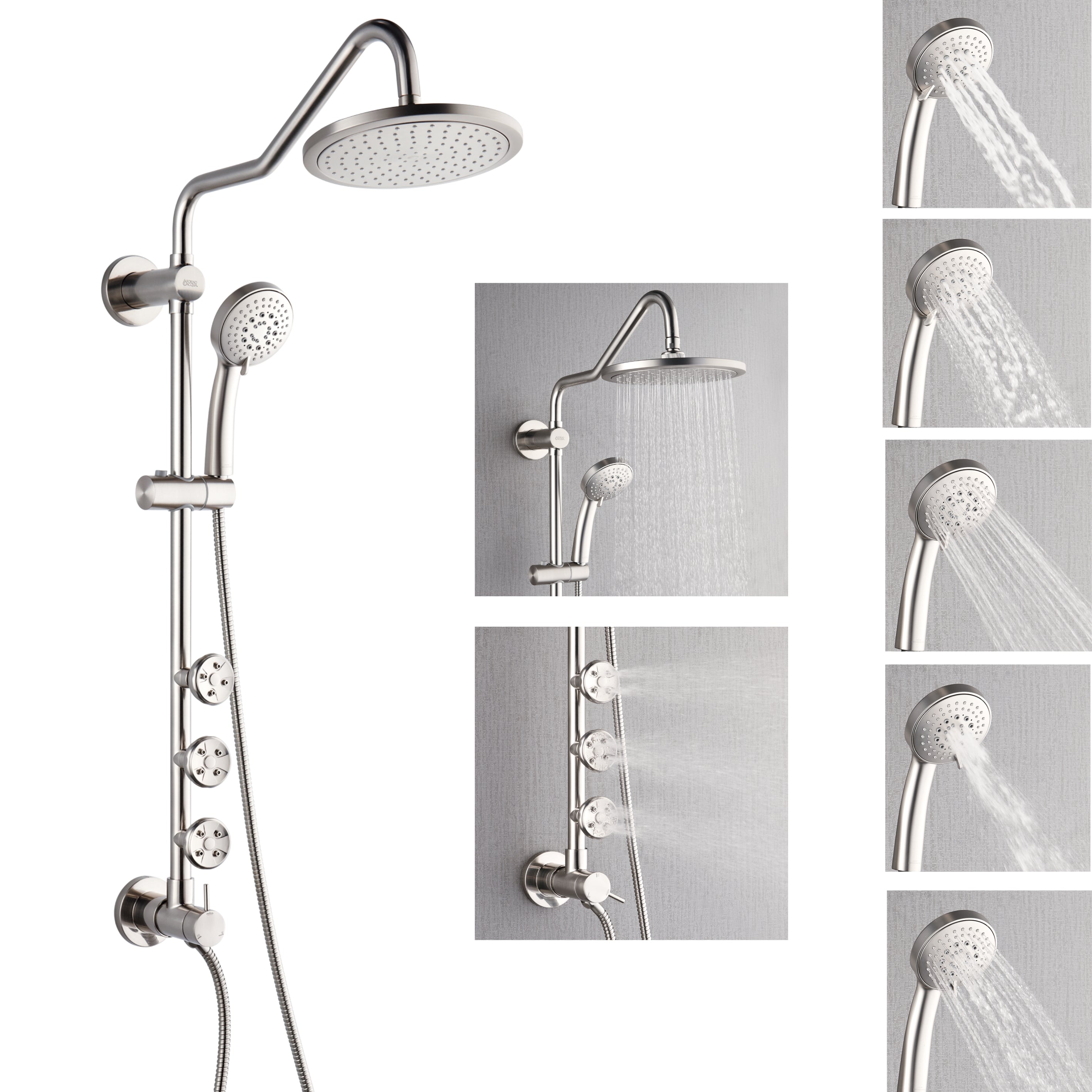 Forno Acqua AcquaSPA Retrofit Shower, Overhead Rainfall Shower, Handheld Shower Head, Body Jets, 6 Way Diverter, Brushed Nickel Finish, 1.8 GPM Flow Rate