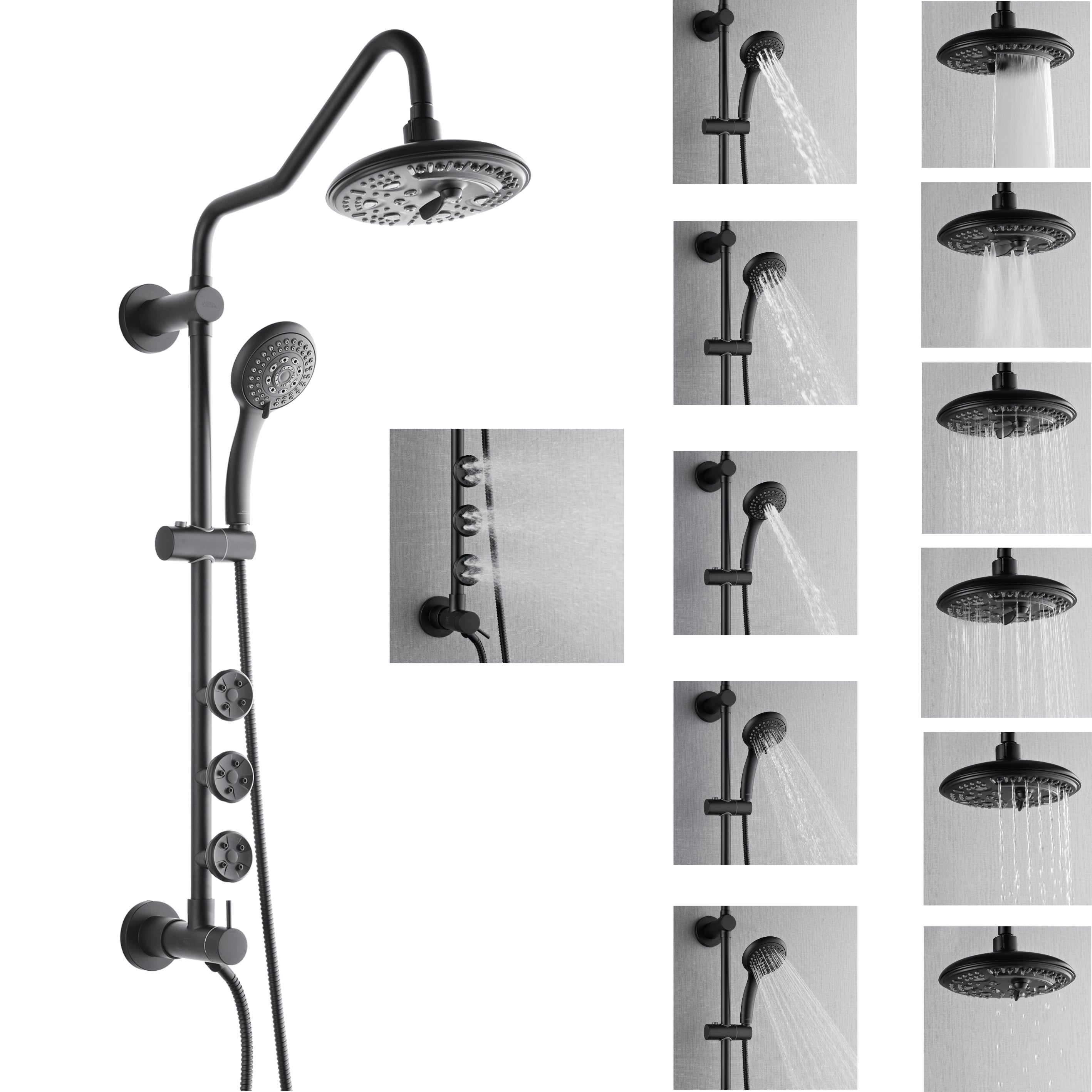Forno Acqua AcquaSPA Retrofit Shower, Overhead Rainfall, 8 Inch Shower Head, Handheld Shower Head, Body Jets, 6 Way Diverter, Matte Black Finish, 2.5 GPM Flow Rate