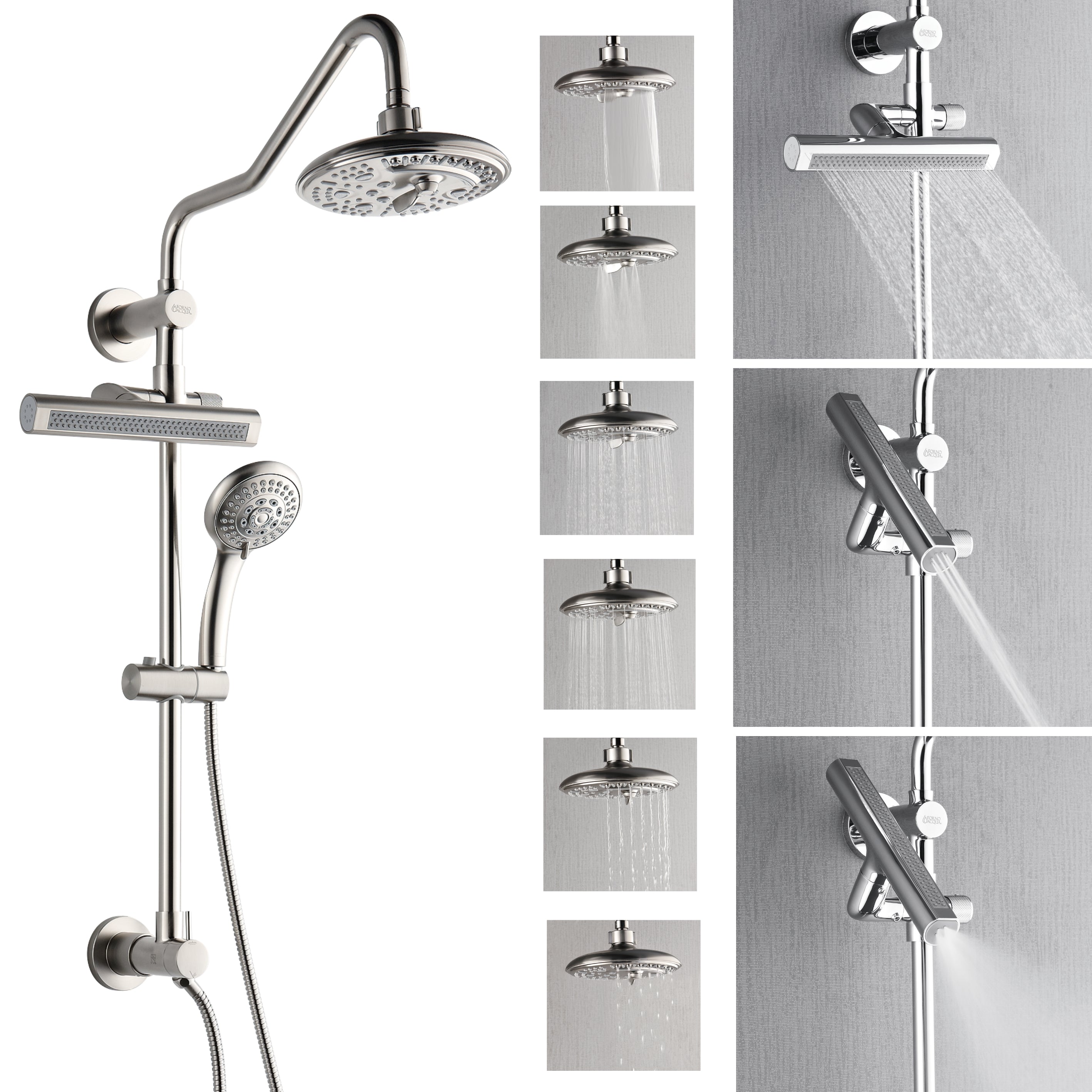 Forno Acqua AcquaFALL Shower, Brushed Nickel Finish, Overhead Rainfall Shower, 7 Way Diverter, Handheld Shower Head, Body Jets, 1.8 GPM Flow Rate