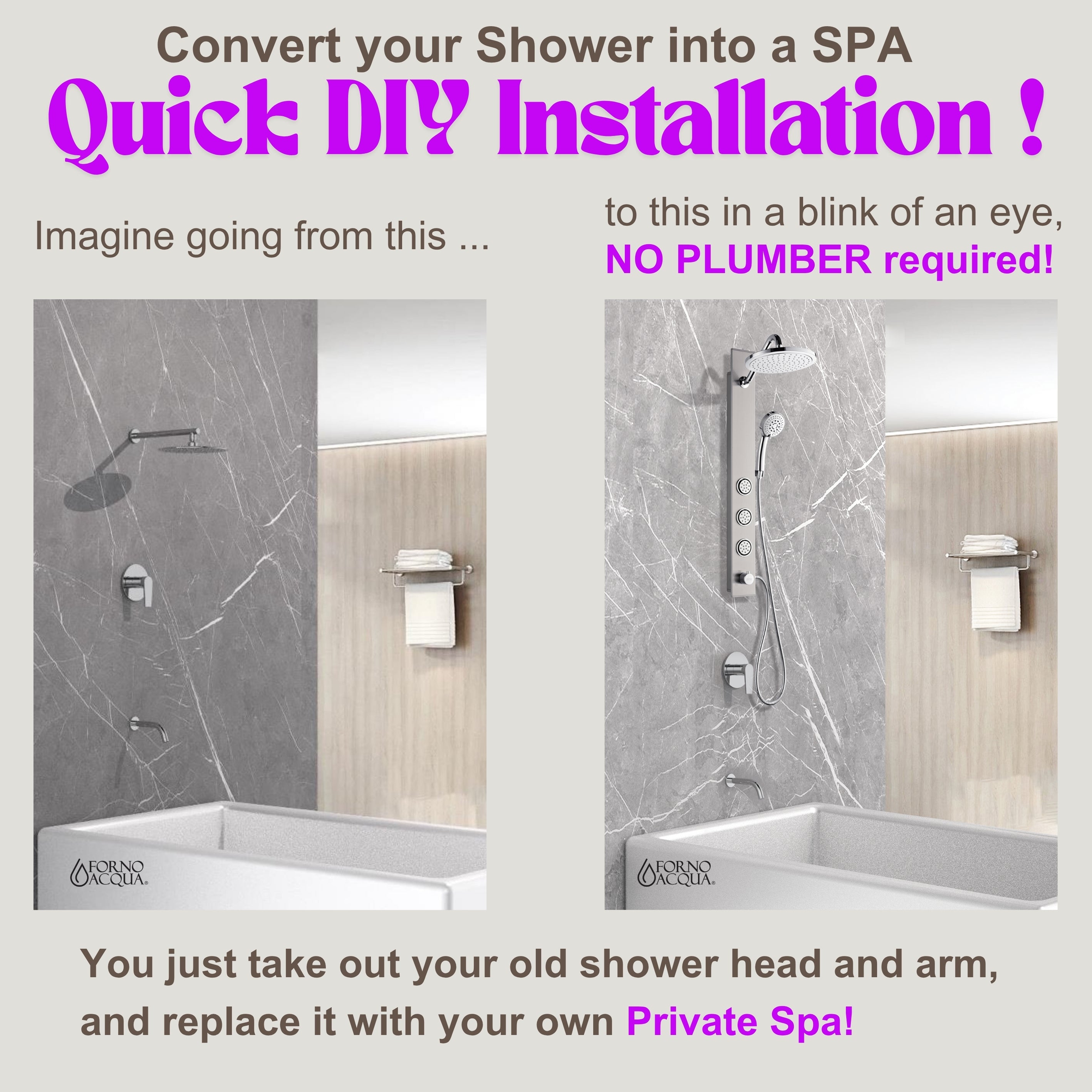 Forno Acqua AcquaSPA Shower Panel with SensoTemp, Stainless Steel, Overhead Rainfall Shower, Handheld Shower Head, Body Jets, 1.8 GPM Flow Rate