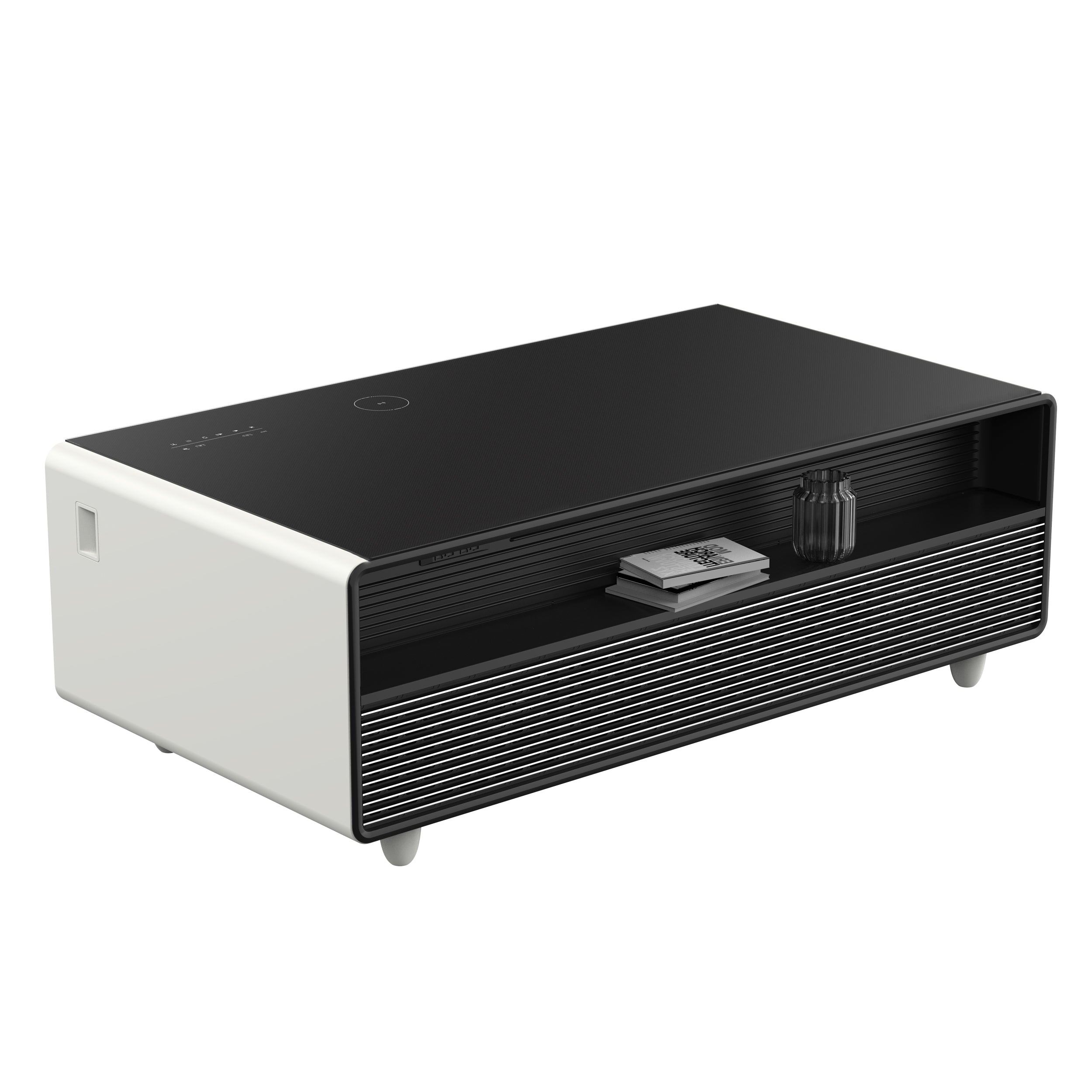 Forno Evoluto Tavolo 51-Inch White Smart Coffee Table – Dual Refrigerator Drawers, Bluetooth 5.0 Audio, Wireless Charging & RGB Ambient Light