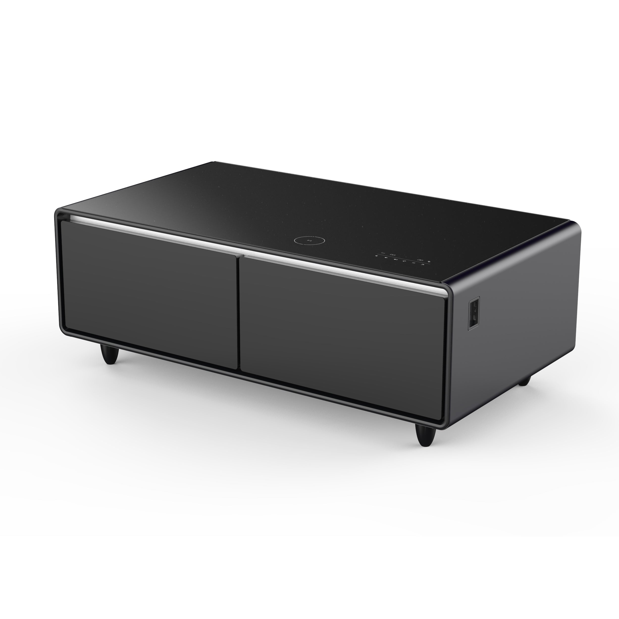 Forno Evoluto Tavolo 51-Inch Black Smart Coffee Table – Dual Refrigerator Drawers, Bluetooth 5.0 Audio, Wireless Charging & RGB Ambient Light