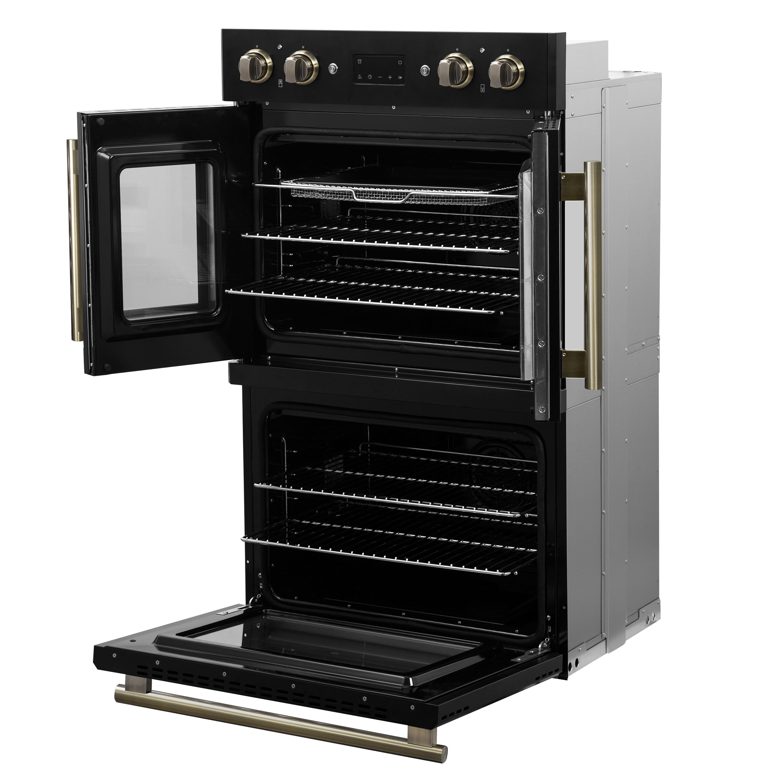 Forno Asti 30 in. 7.36 cu.ft. Black Self-Cleaning Double Electric Wall Oven with Air Fry, Sous Vide and Antique Brass Accents | FBOEL1340-30BLK