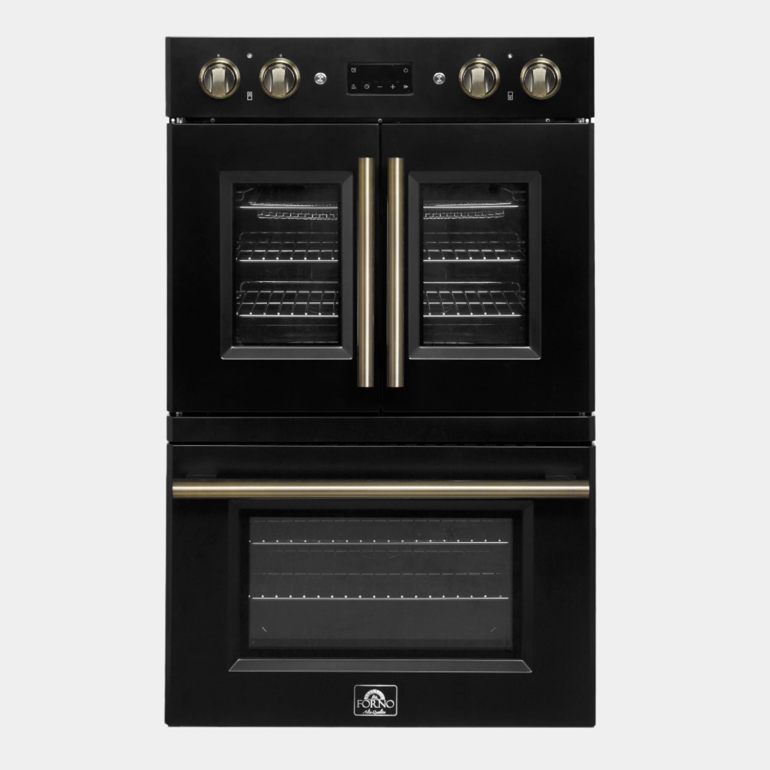 Forno Asti 30-Inch Double Electric Wall Oven with Upper French Doors in Black & Antique Brass, 7.36 cu. ft. Dual True Convection, 7,200W, Air Fry, Sous Vide, Self-Clean