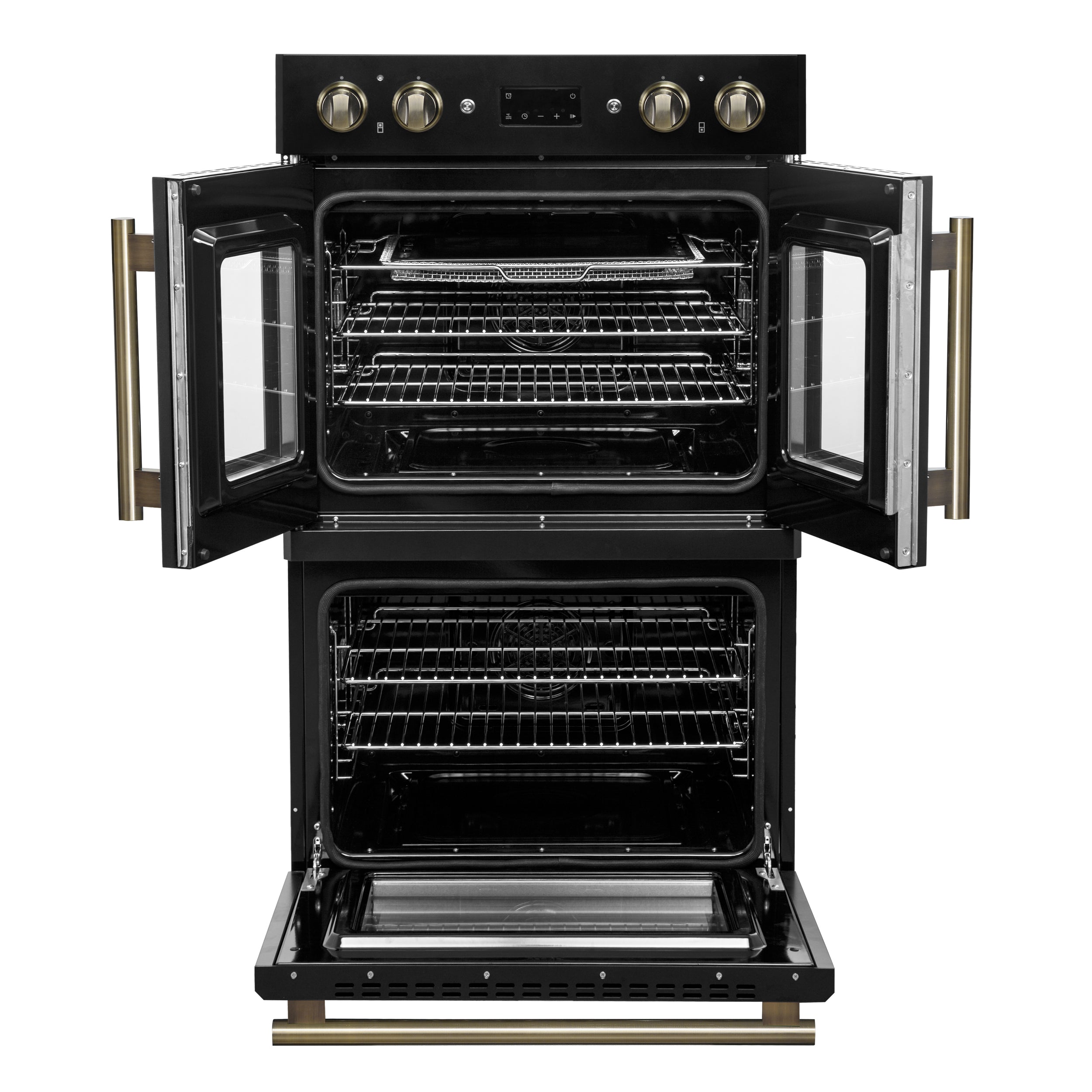 Forno Asti 30 in. 7.36 cu.ft. Black Self-Cleaning Double Electric Wall Oven with Air Fry, Sous Vide and Antique Brass Accents | FBOEL1340-30BLK