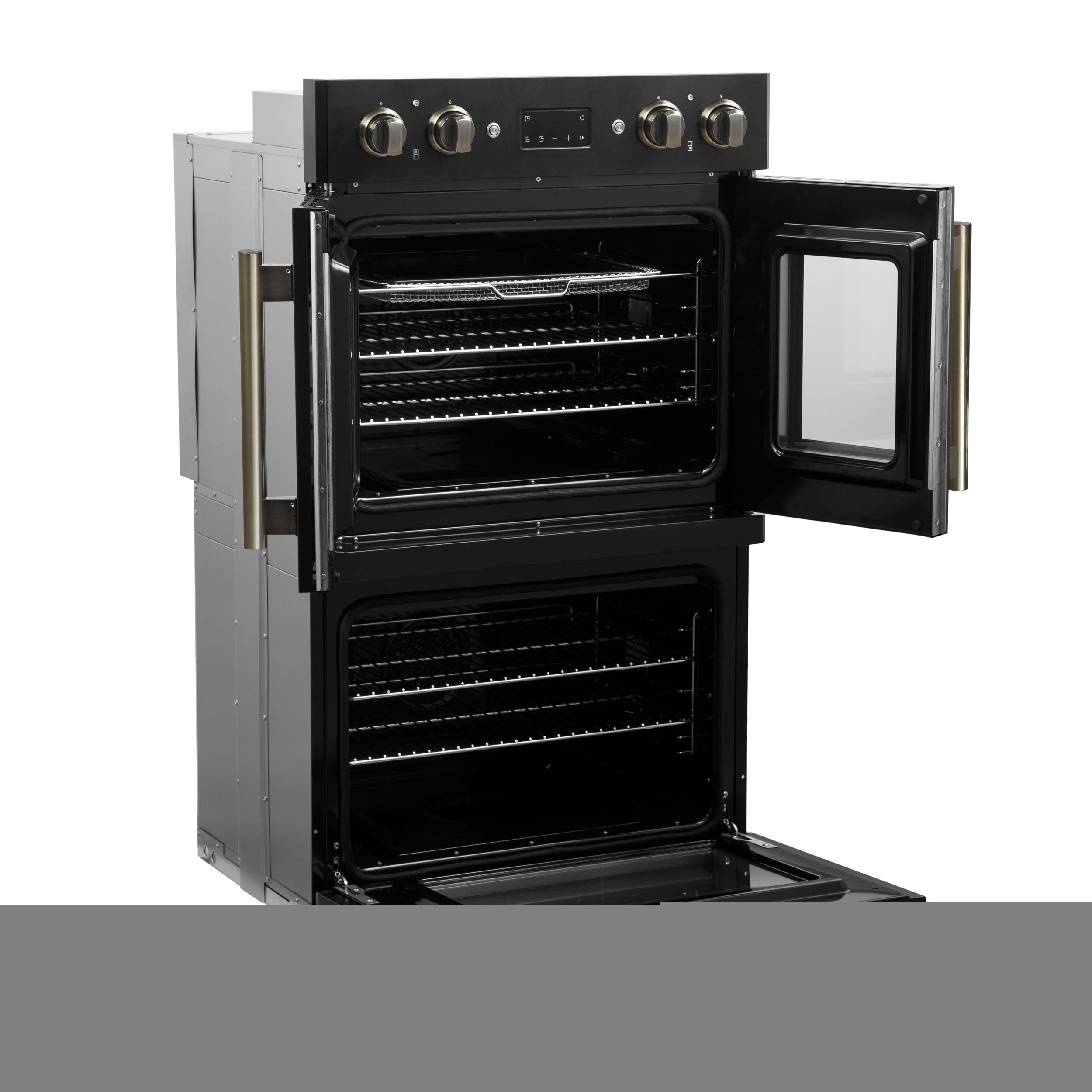 Forno Asti 30-Inch Double Electric Wall Oven with Upper French Doors in Black & Antique Brass, 7.36 cu. ft. Dual True Convection, 7,200W, Air Fry, Sous Vide, Self-Clean