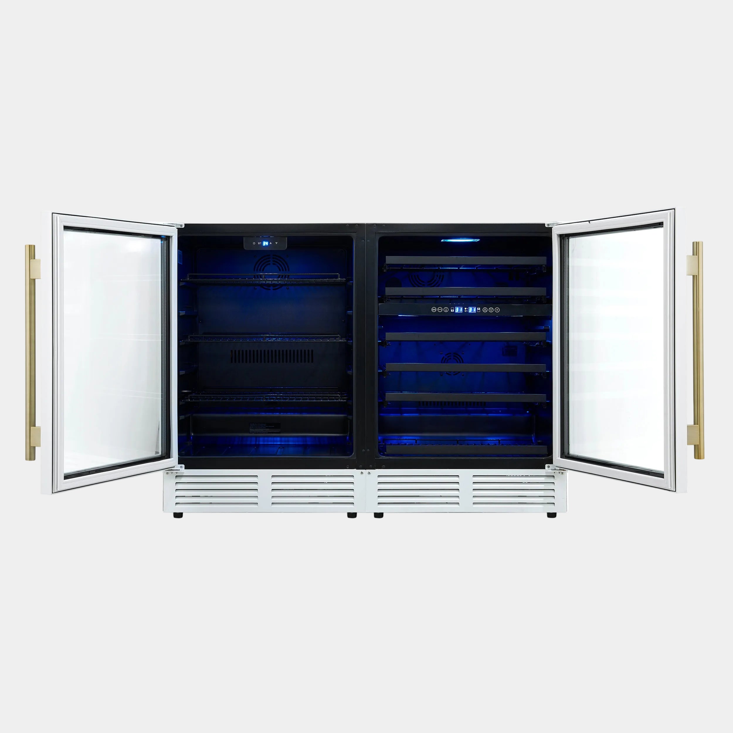 Forno Gemello 48 in. White Side-by-Side Triple Zone Wine/Beverage Cooler with Antique Brass Accents | FWCDR6699-48WHT