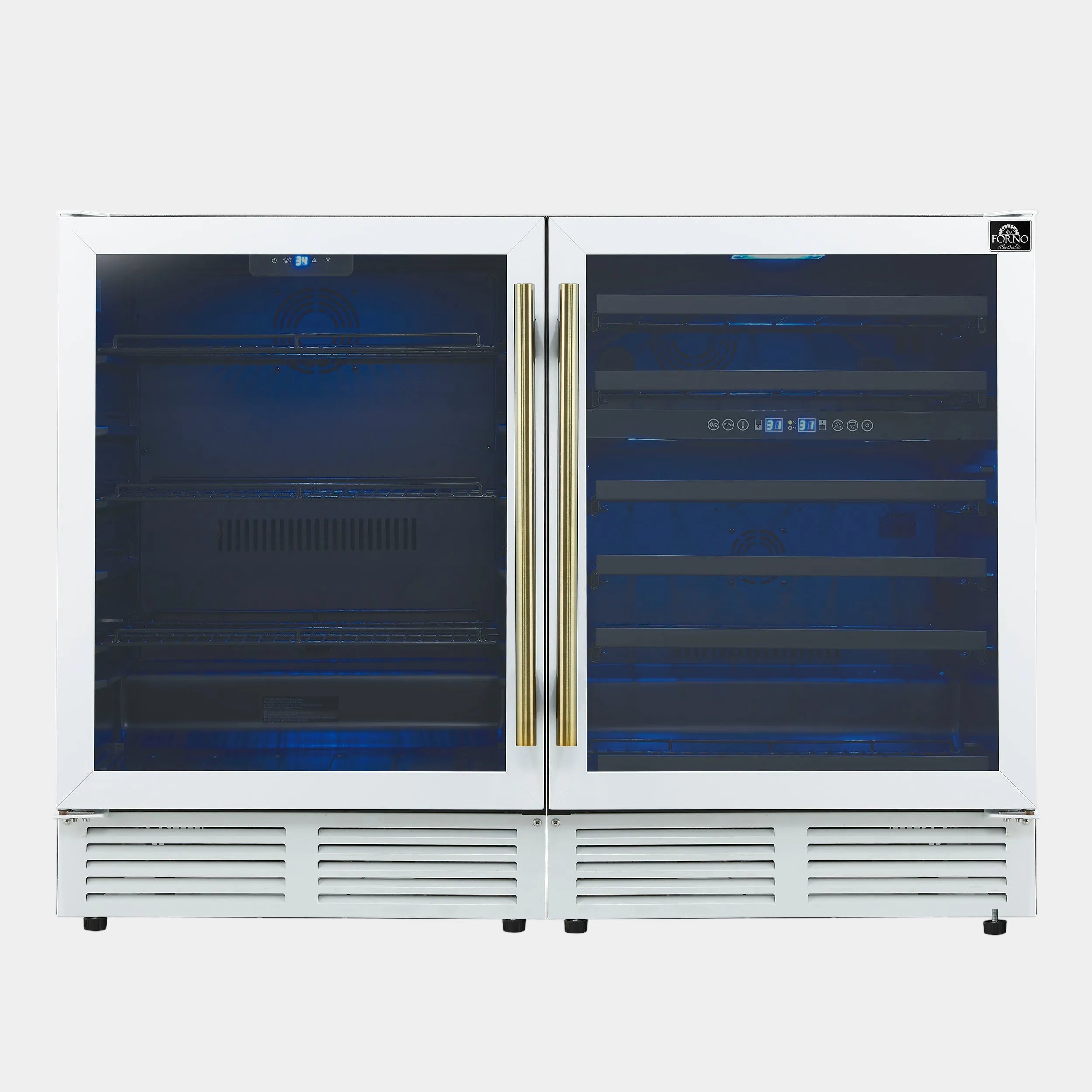 Forno Gemello 48 in. White Side-by-Side Triple Zone Wine/Beverage Cooler with Antique Brass Accents | FWCDR6699-48WHT