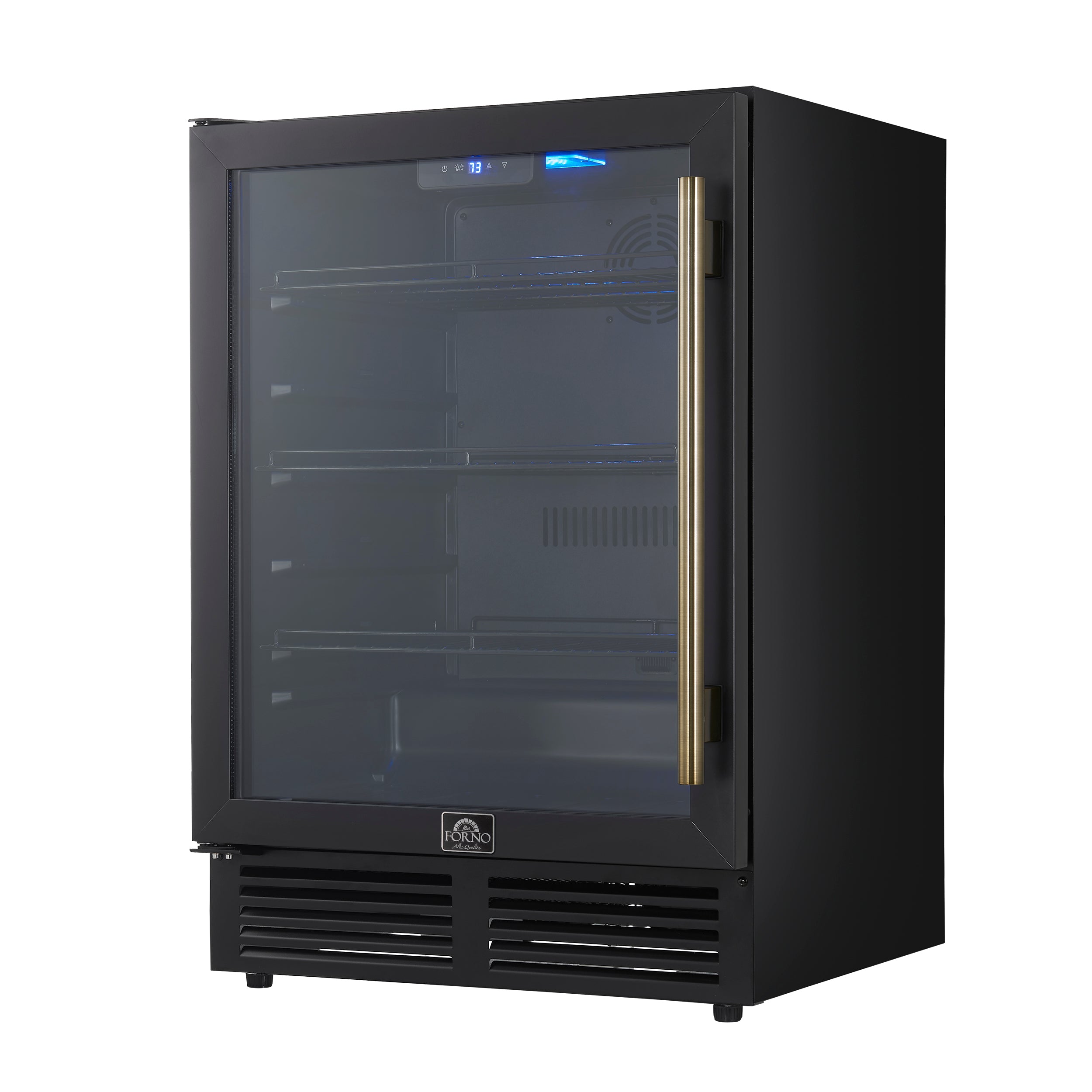 Forno Frescolino 24 in. Black 188 Can Single Zone Beverage Cooler with Triple Glass Door and Antique Brass Handle | FWCDR6665-24BLK