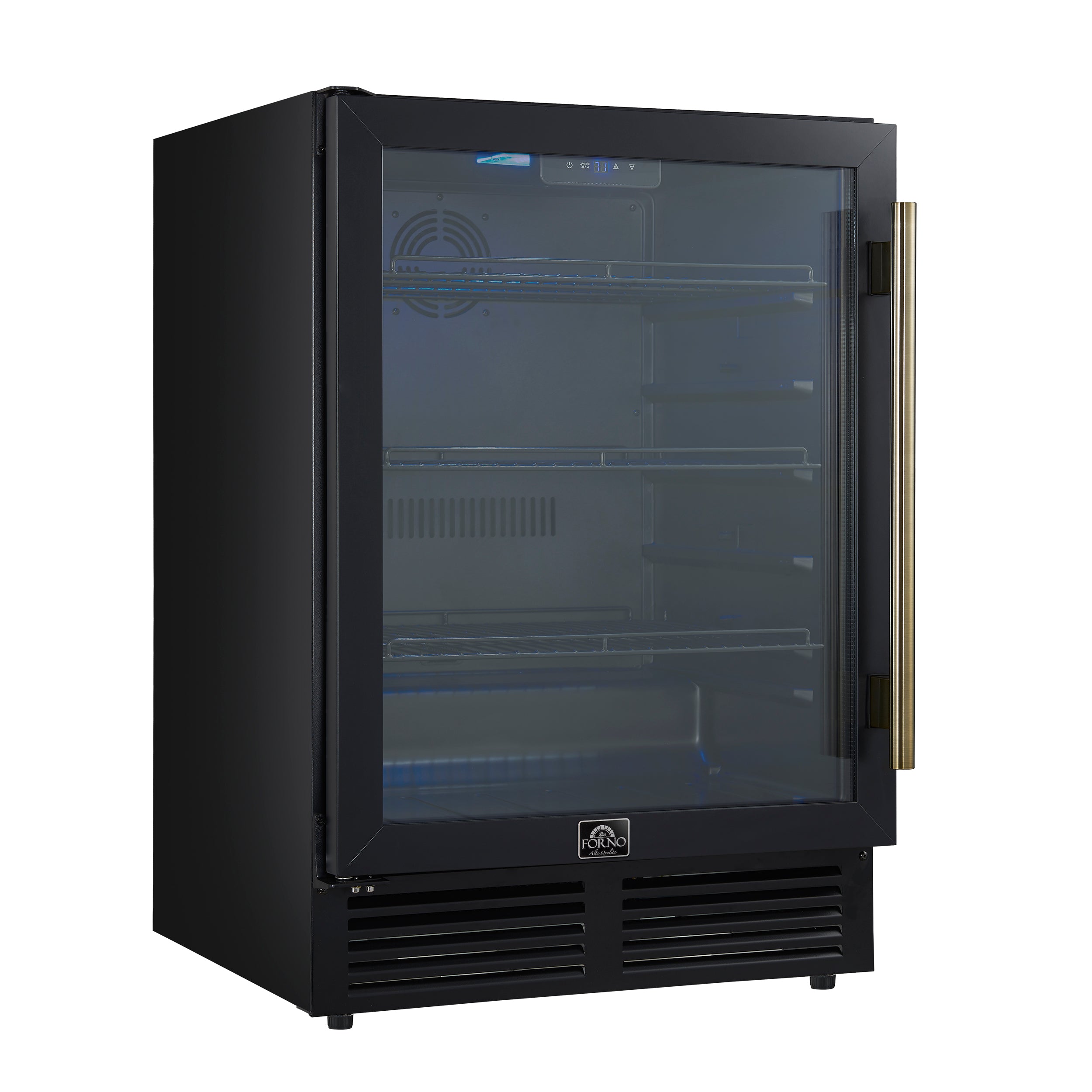 Forno Frescolino 24 in. Black 188 Can Single Zone Beverage Cooler with Triple Glass Door and Antique Brass Handle | FWCDR6665-24BLK
