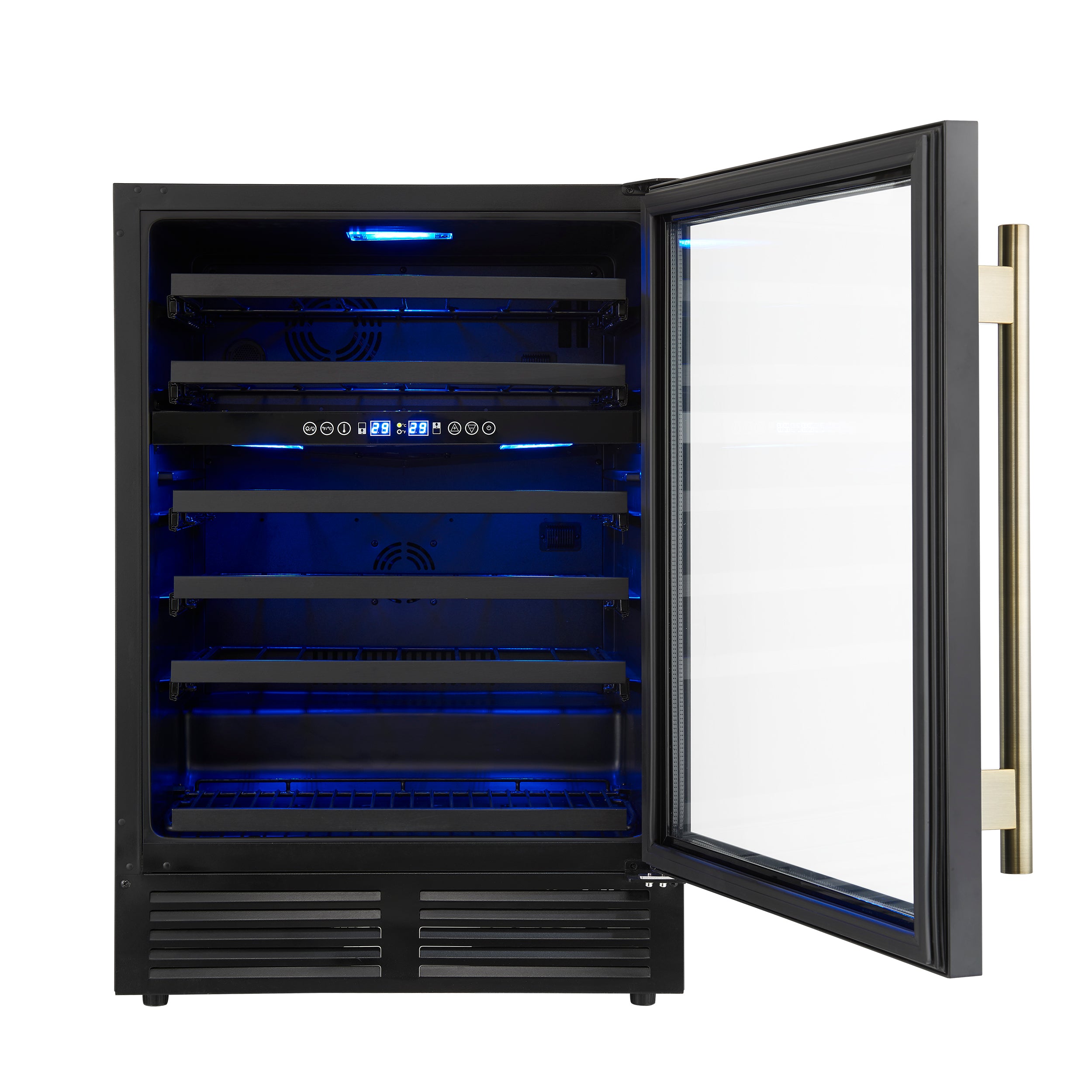 Forno Bacchino 24 in. Black 51 Bottle Dual Zone Wine Cooler with LED Lighting, Triple Glass Door and Antique Brass Handle | FWCDR6634-24BLK