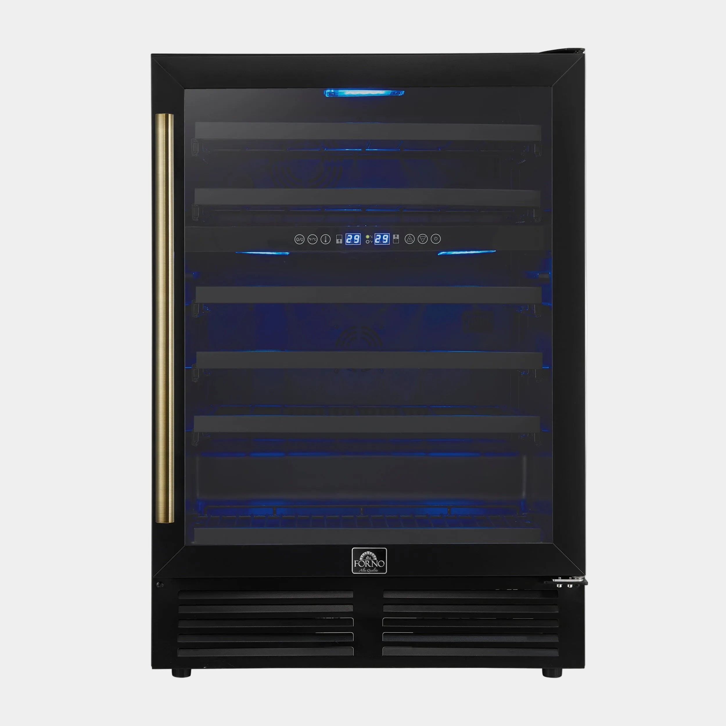 Forno Bacchino 24 in. Black 51 Bottle Dual Zone Wine Cooler with LED Lighting, Triple Glass Door and Antique Brass Handle | FWCDR6634-24BLK