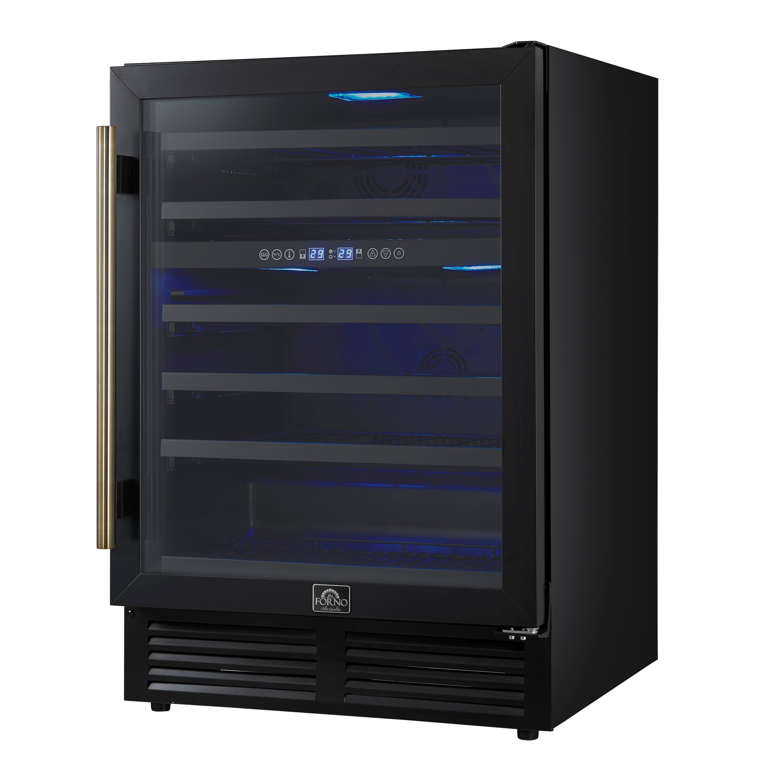 Forno Bacchino 24 in. Black 51 Bottle Dual Zone Wine Cooler with LED Lighting, Triple Glass Door and Antique Brass Handle | FWCDR6634-24BLK