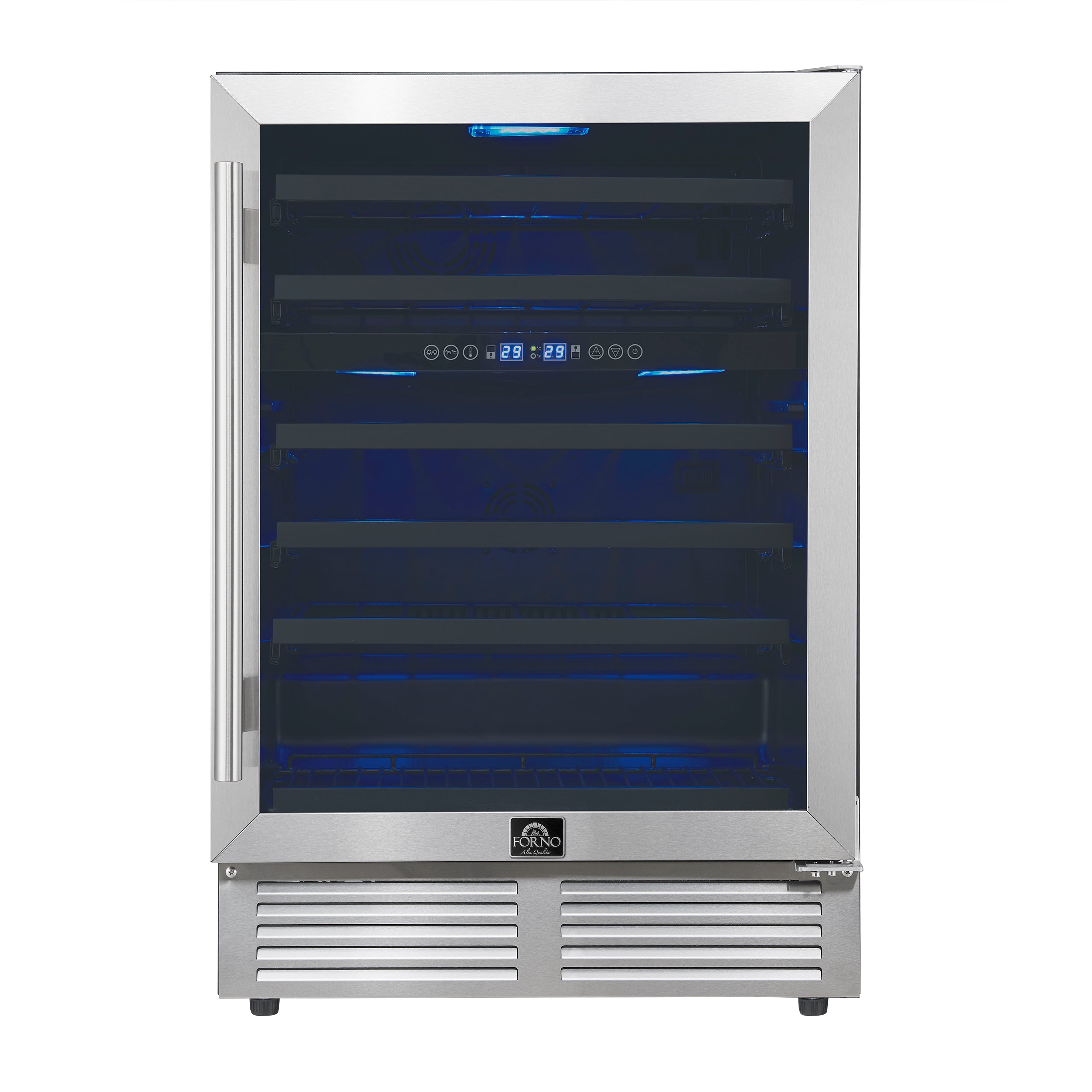 Forno Bacchino 24 Inch Wine Cooler, Stainless Steel, with LED Lighting, Triple Glass Door, 51 Bottle Capacity, Built-In or Freestanding