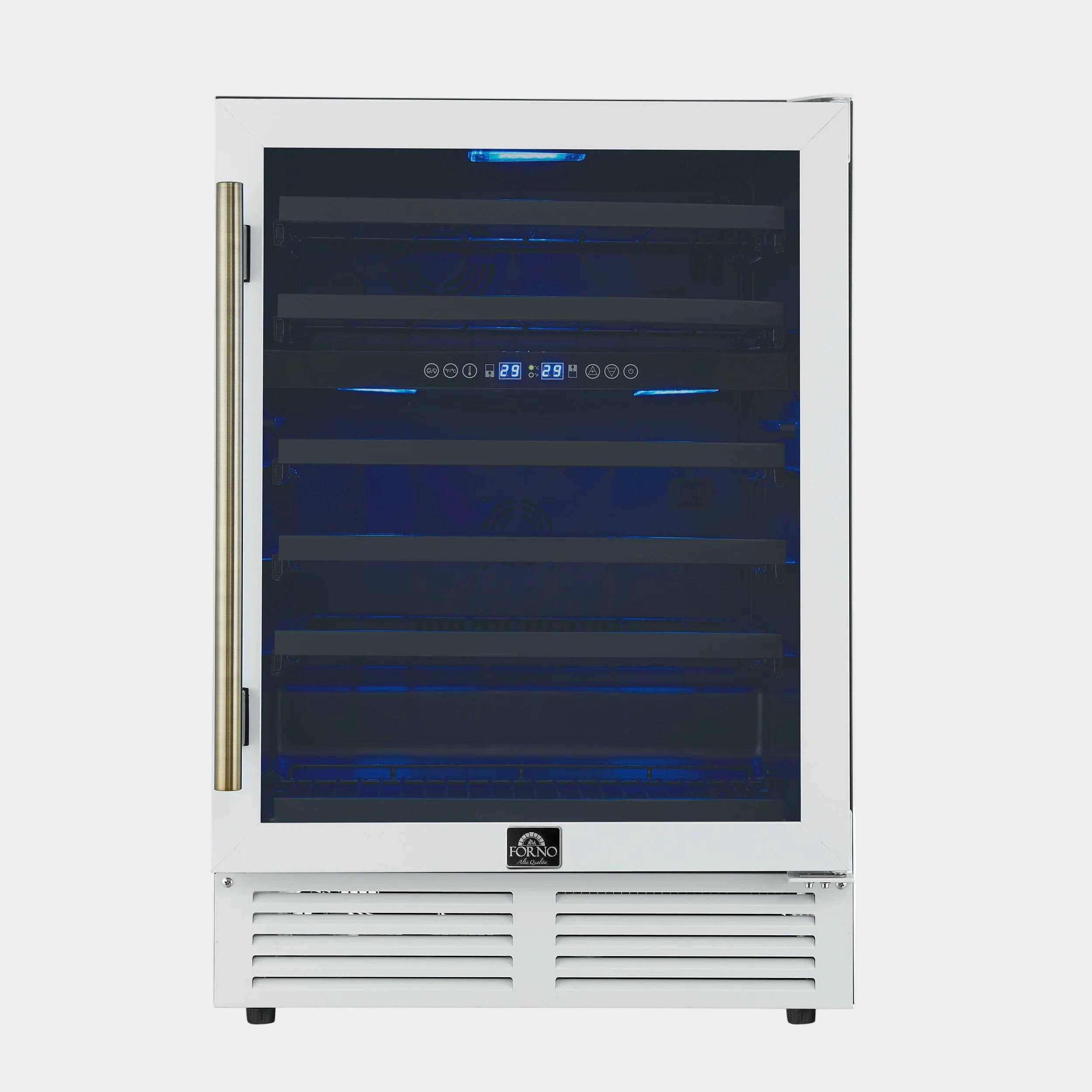 Forno Bacchino 24 in. White 51 Bottle Dual Zone Wine Cooler with LED Lighting, Triple Glass Door and Antique Brass Handle | FWCDR6634-24WHT