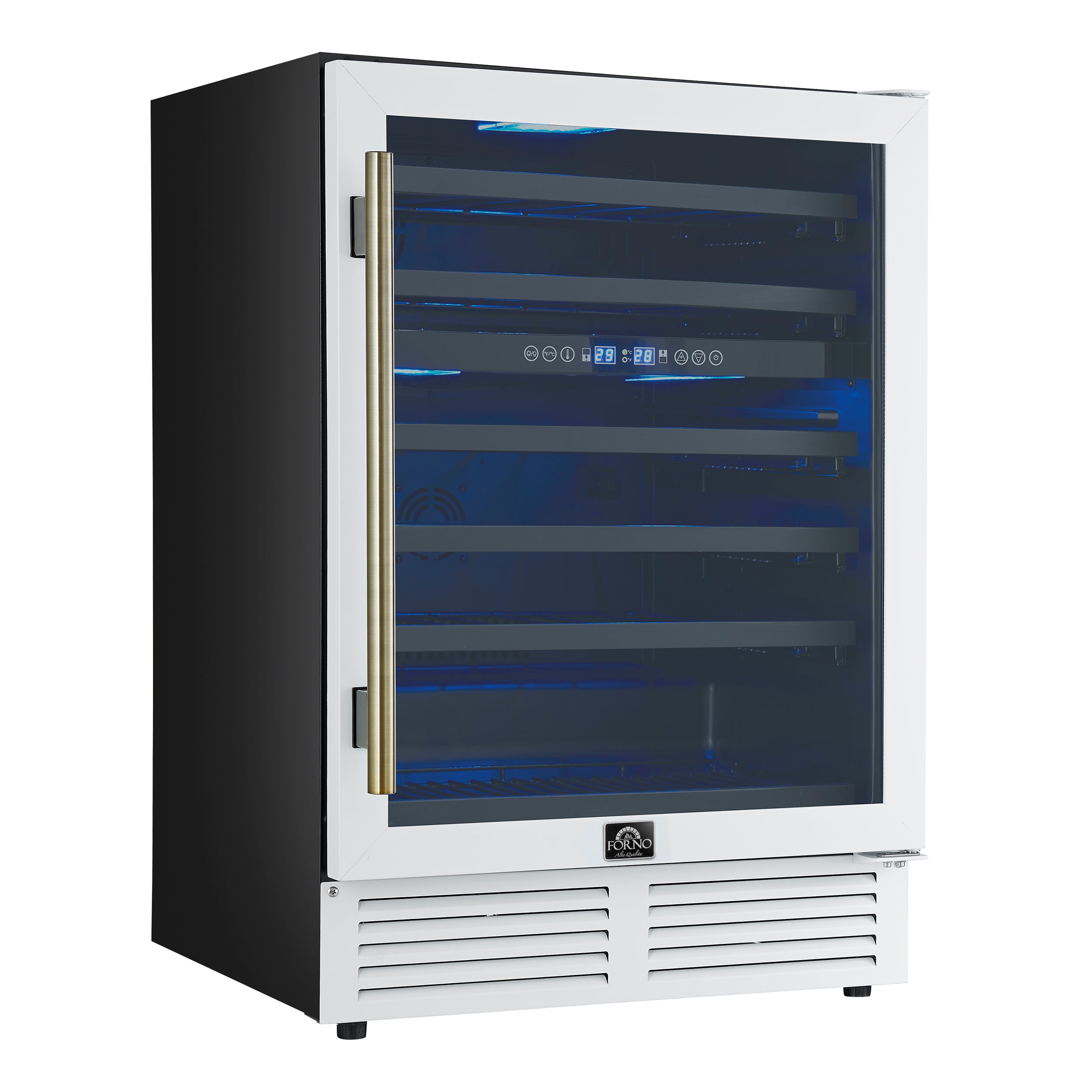 Forno Bacchino 24 Inch Wine Cooler, White with Antique Brass Handles, with LED Lighting, Triple Glass Door, 51 Bottle Capacity, Built-In or Freestanding