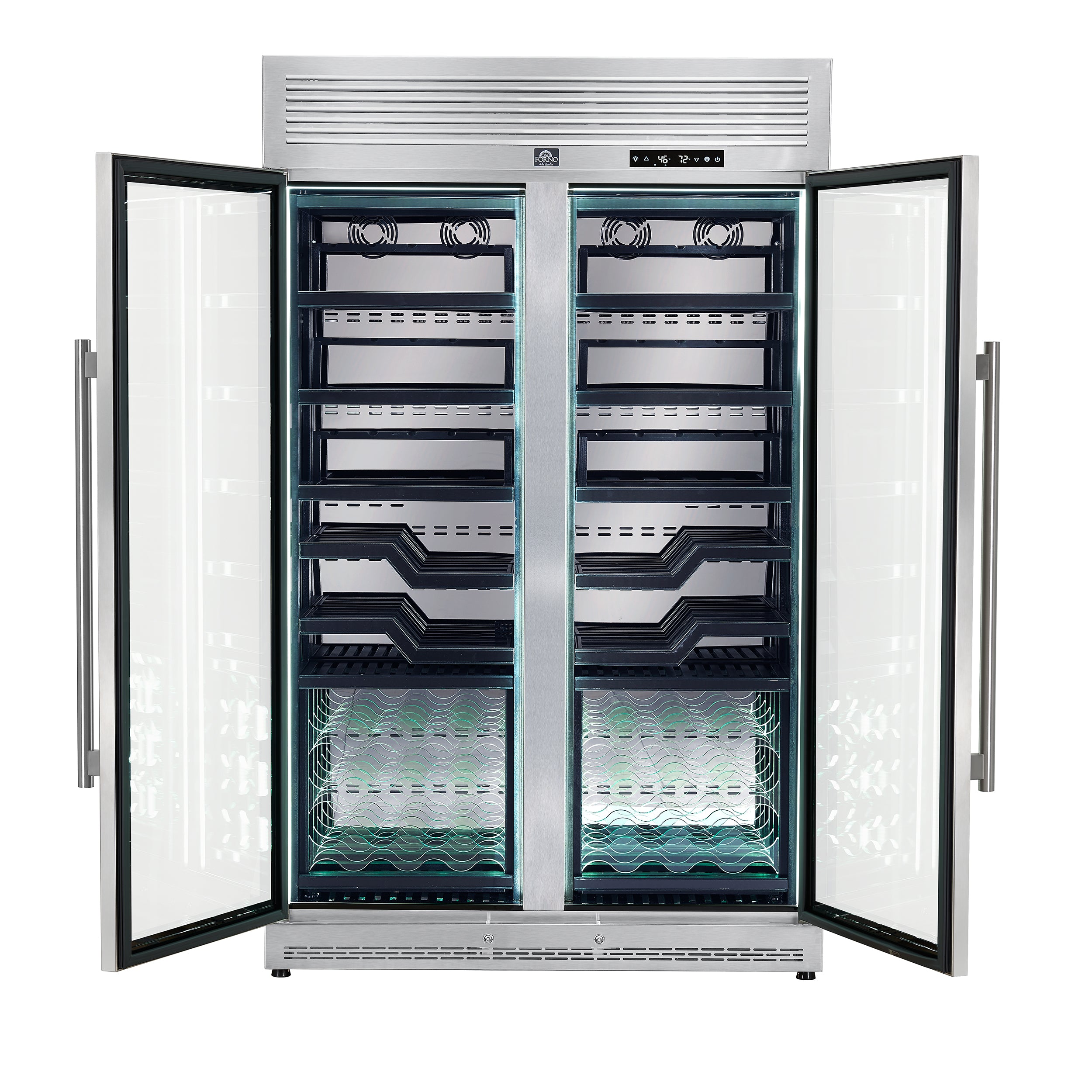 FORNO Abruzzo 48-Inch Dual Zones Wine Cellar, 102 Bottles, 24 cu. ft., Green Acrylic Holders & Black Shelves