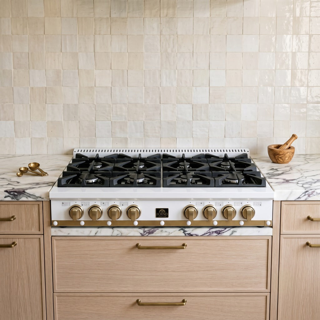 Forno Valente 48 in. White Gas Rangetop with 8 Sealed Burners and Cast Iron Grates | FCTGS5799-48CPWHT