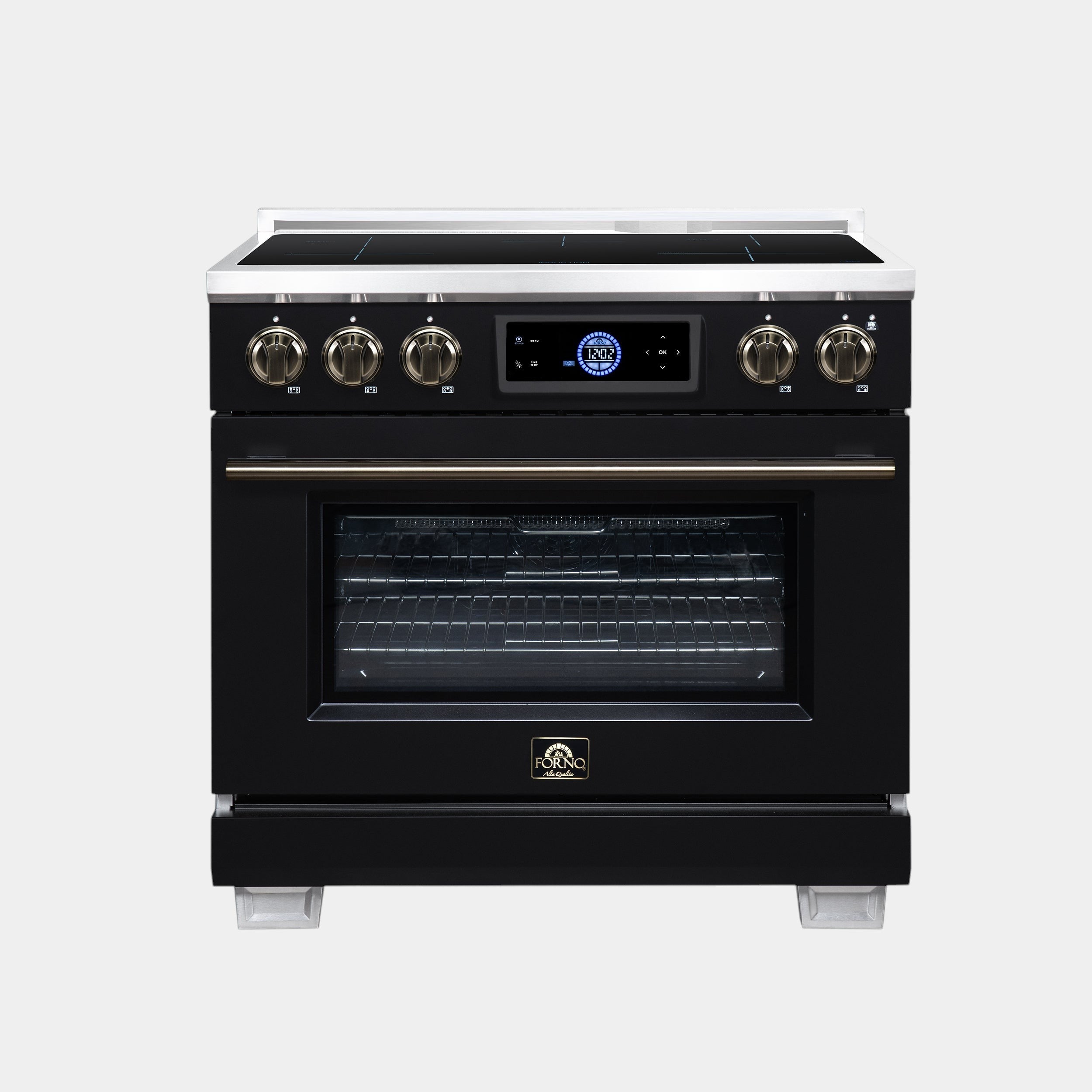 Oven Elite HQ Forno Maximus 36-inch black induction range with antique brass accents and digital display