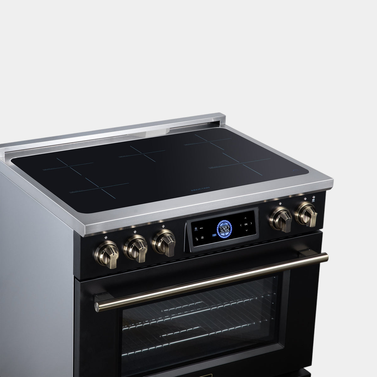 Oven Elite HQ Forno Maximus 36-inch black induction range with antique brass knobs and digital display