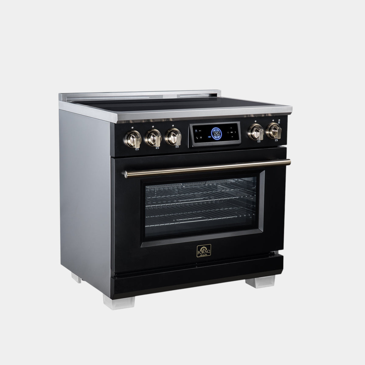 Oven Elite HQ Forno Maximus 36-inch black induction range with antique brass accents and digital display