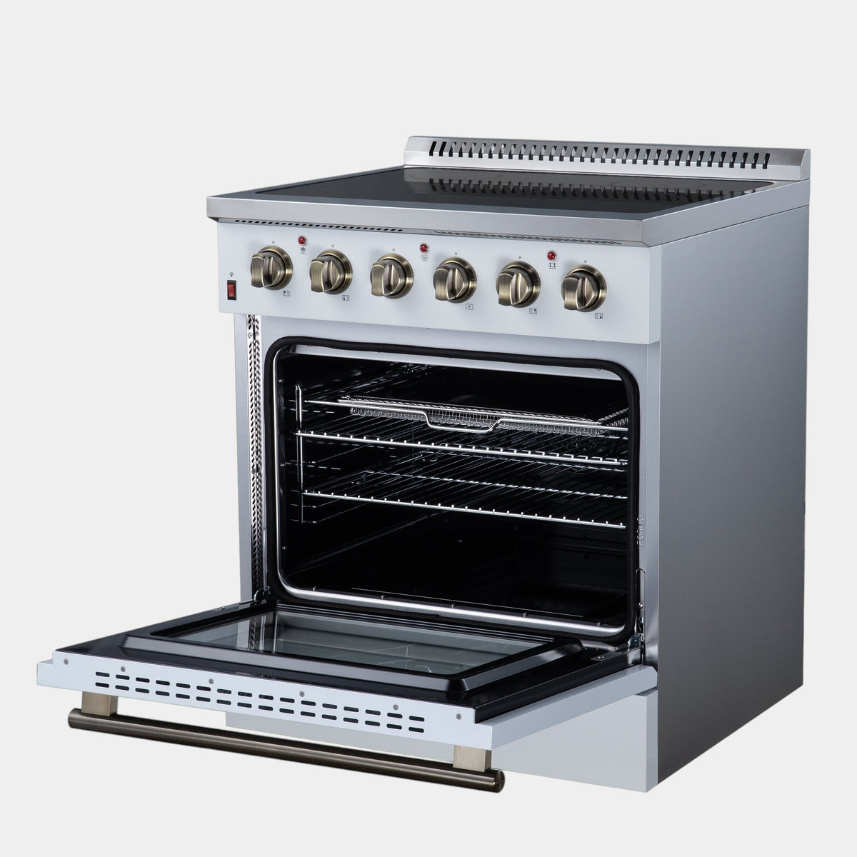 Oven Elite HQ Forno Galiano 30-inch white electric range with ceramic cooktop and antique brass knobs, oven door open.