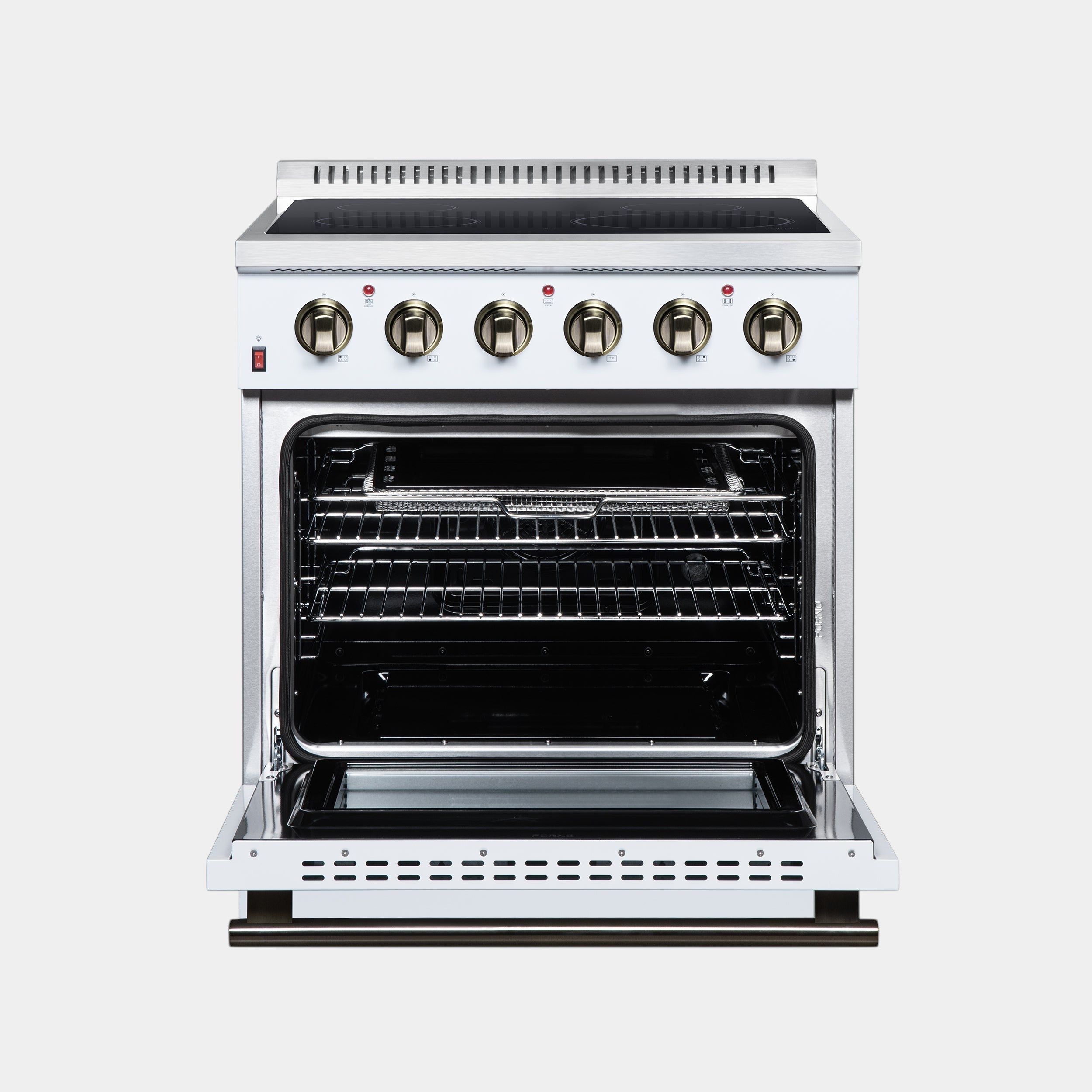 Oven Elite HQ Forno Galiano 30-inch white electric range with open oven door, ceramic cooktop, and antique brass knobs