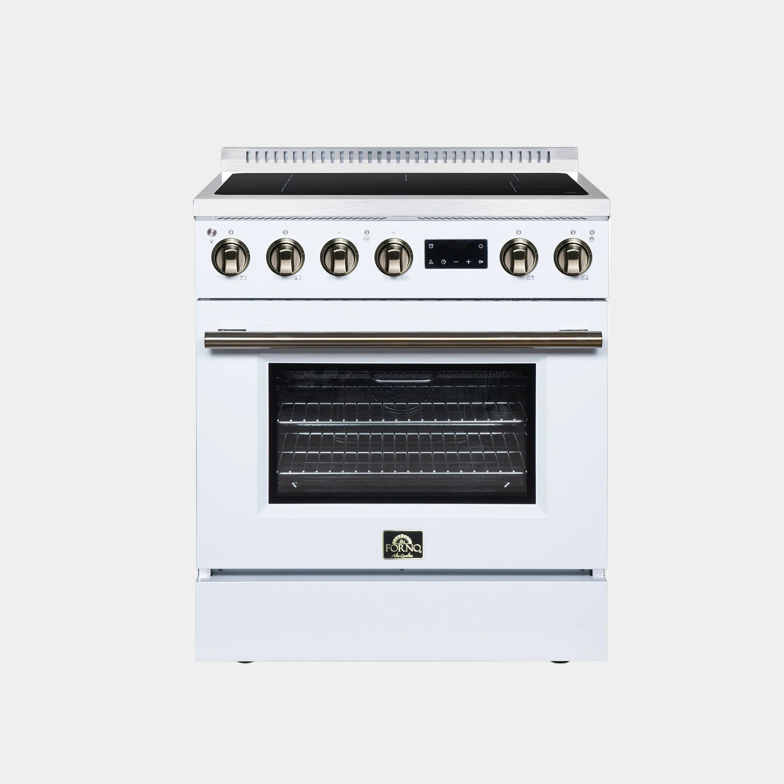 Oven Elite HQ Forno Torino 30-inch white induction range with antique brass accents and French door oven design.
