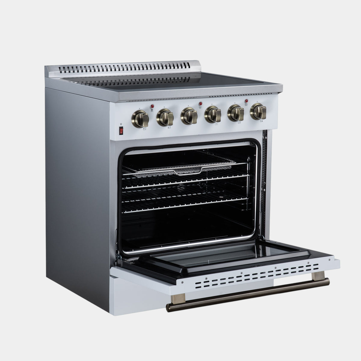 Oven Elite HQ 30-inch white electric range with air fry, ceramic glass cooktop, and antique brass knobs and handle.