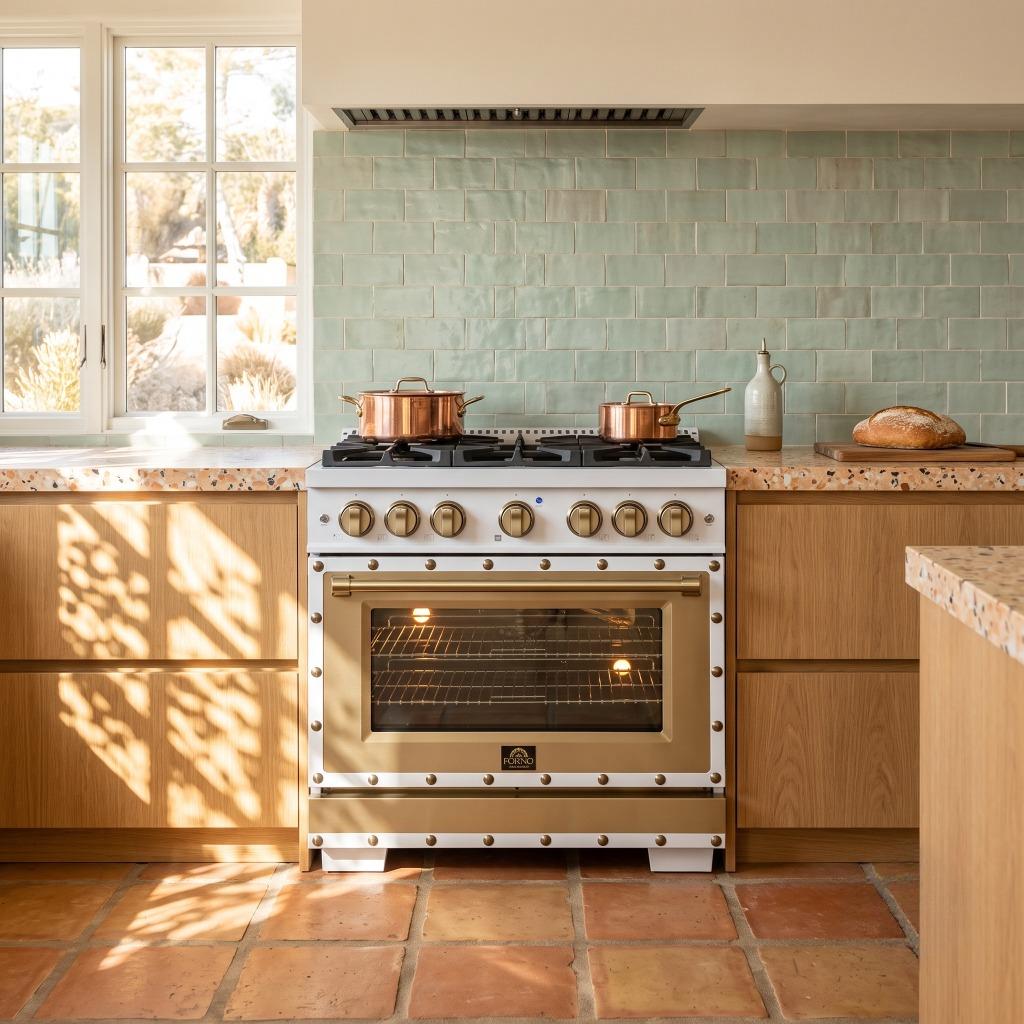 Forno Valente 36 in. 5.2 Cu.ft. White Gas Range with 6 Sealed Burners and Air Fry | FFSGS6299-36CPWHT