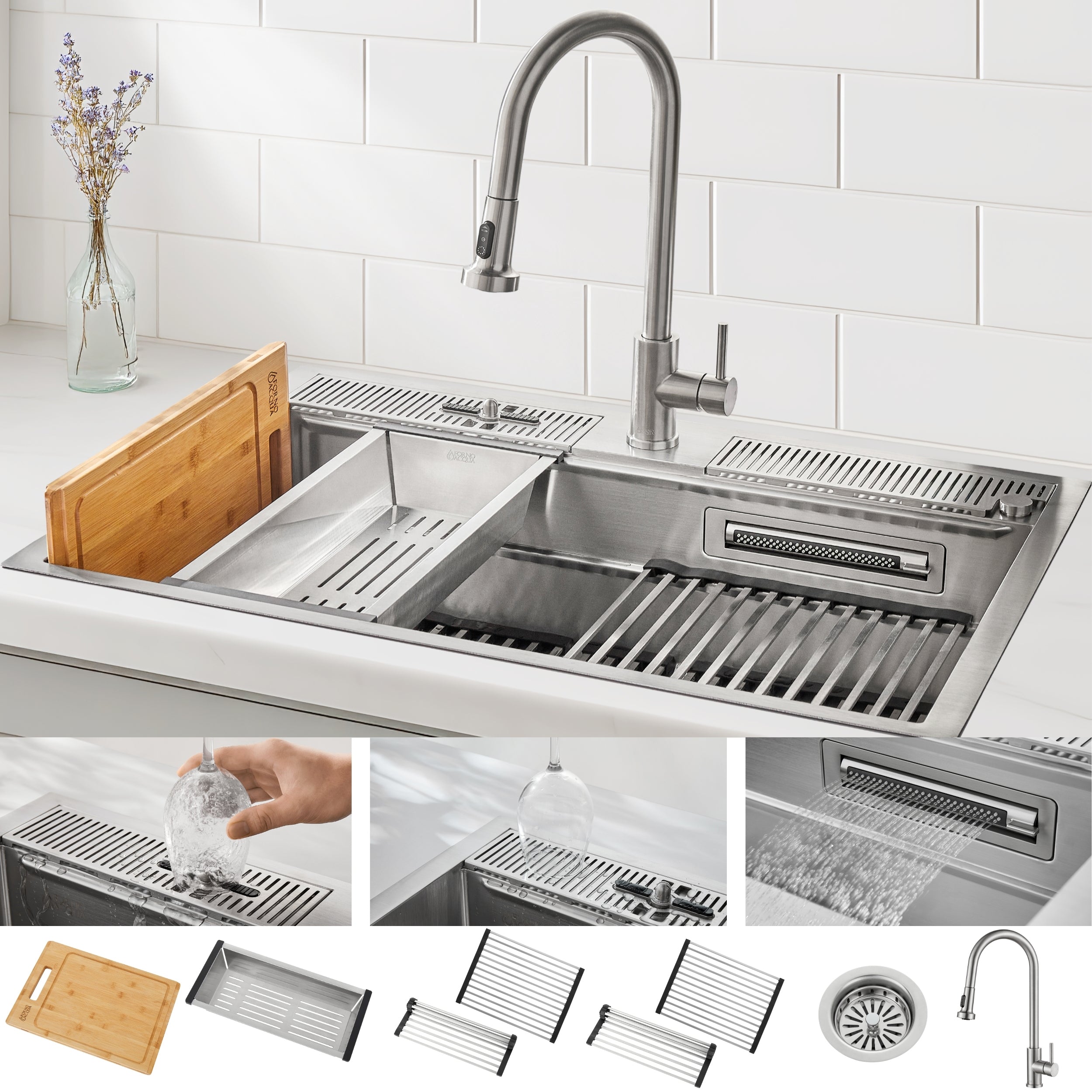 FORNO ACQUA 33 in. Drop-In/Undermount 3-Level Workstation Sink with Faucet, Waterfall & Glass Rinser
