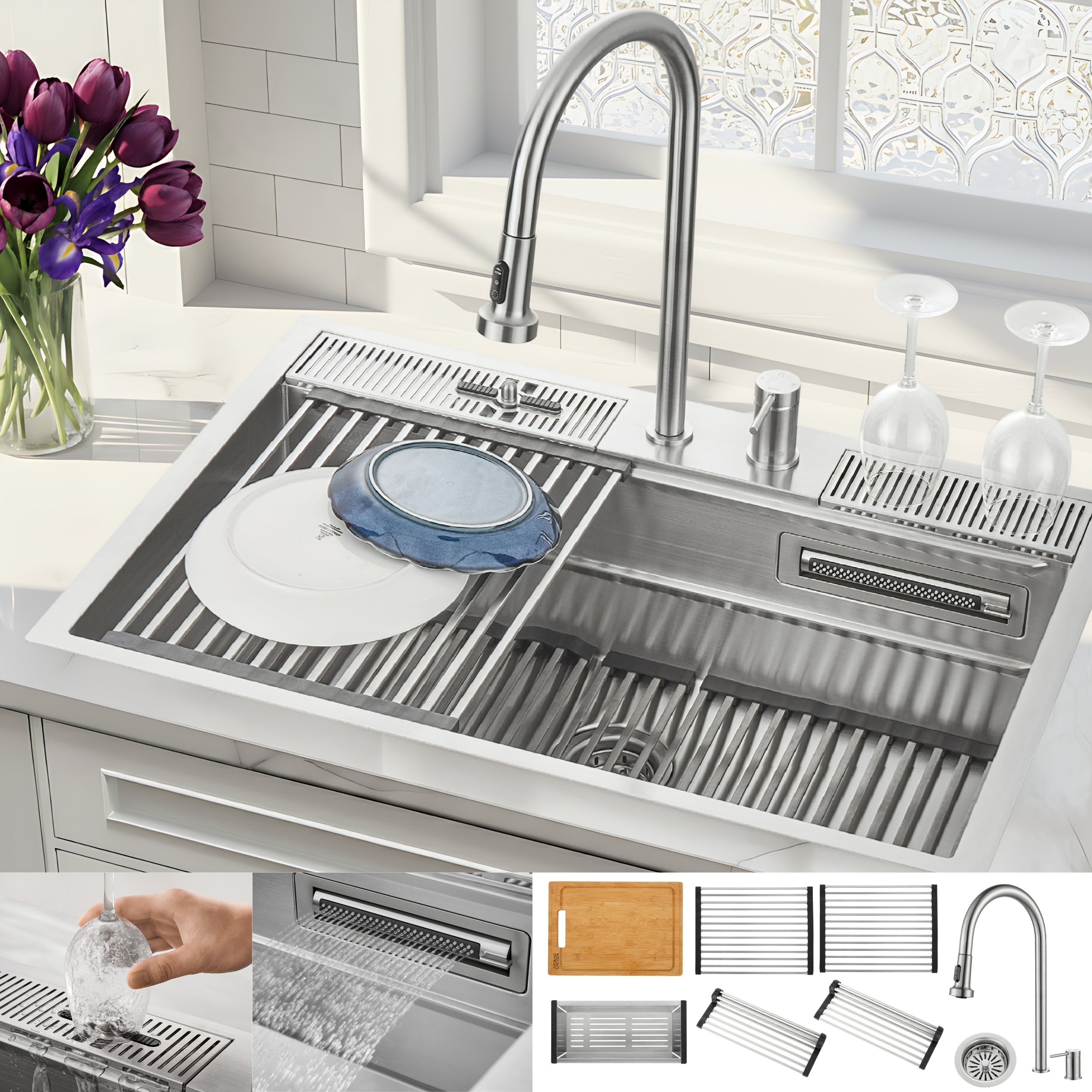 FORNO ACQUA 33 in. Drop-In/Undermount 3 Level Workstation Sink with Faucet, Waterfall & Glass Rinser