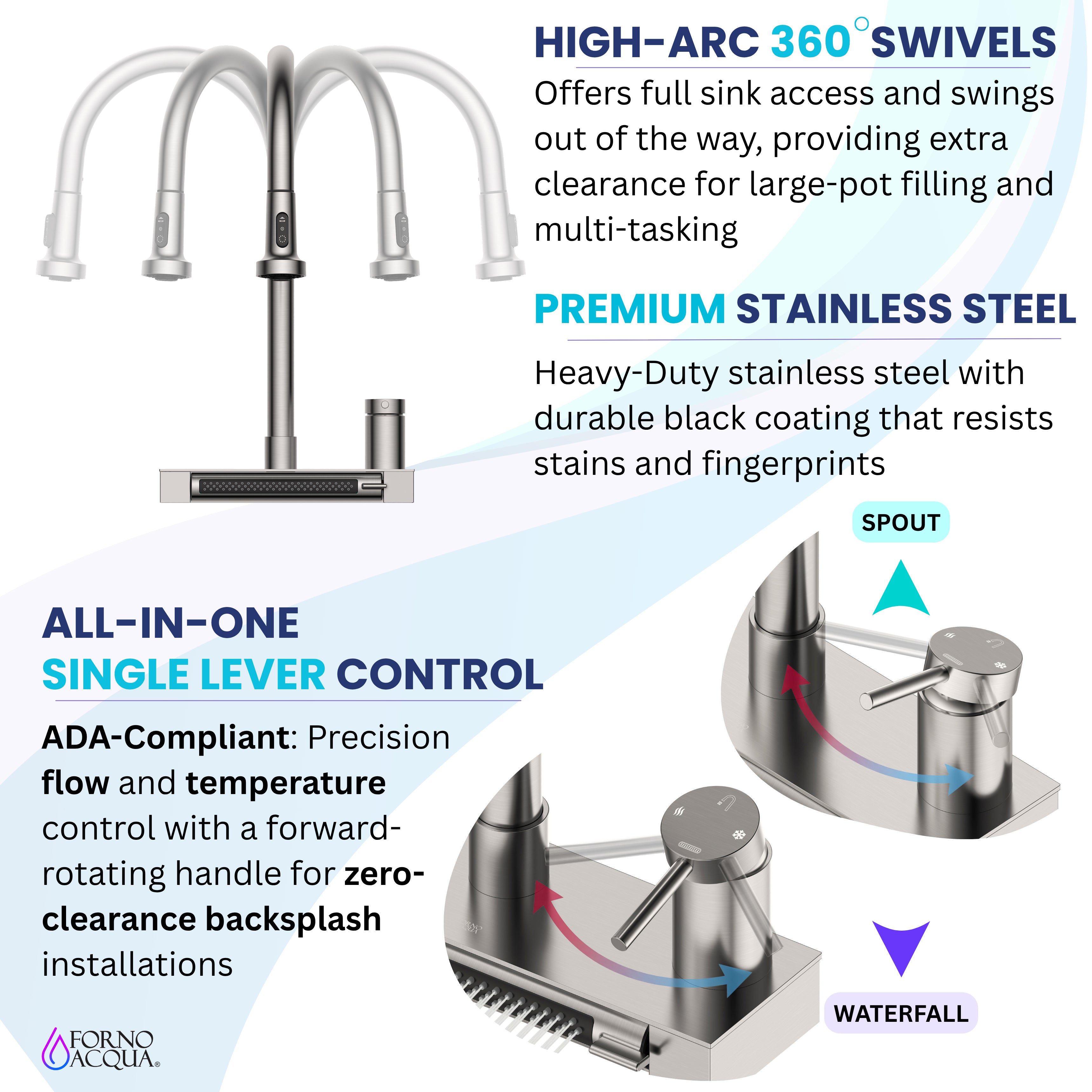 FORNO ACQUA 4 Function Waterfall  Pull-Down Kitchen Faucet