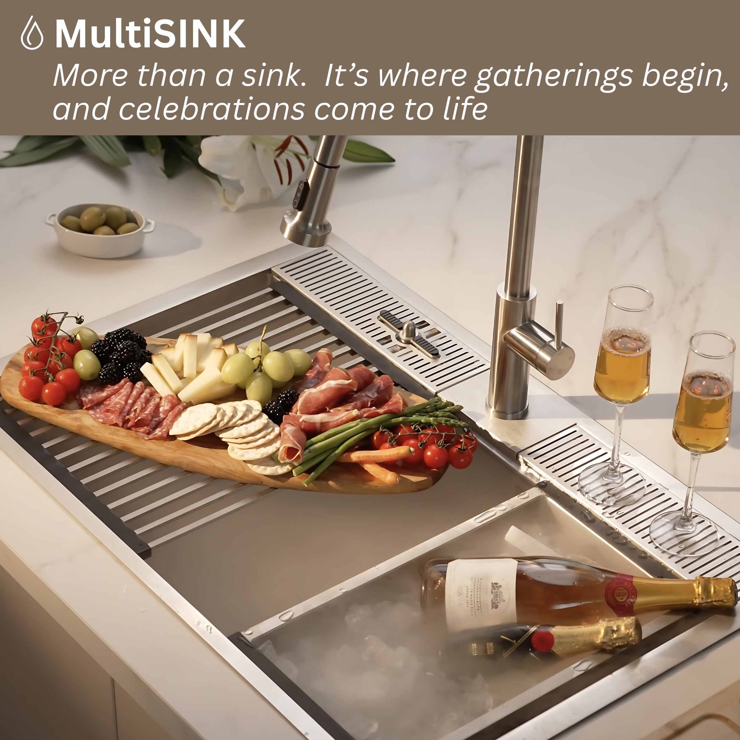 FORNO ACQUA MultiSINK kit with Integrated Waterfall Rinsing and Glass Washing Station.  Includes Chef Faucet and Accessories.
