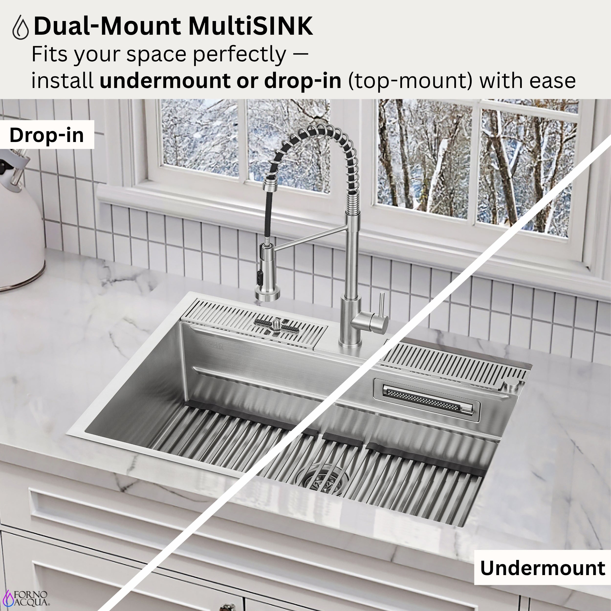 FORNO ACQUA 33 in. Drop-In/Undermount 3-Level Workstation Sink with Waterfall Faucet & Glass Rinser