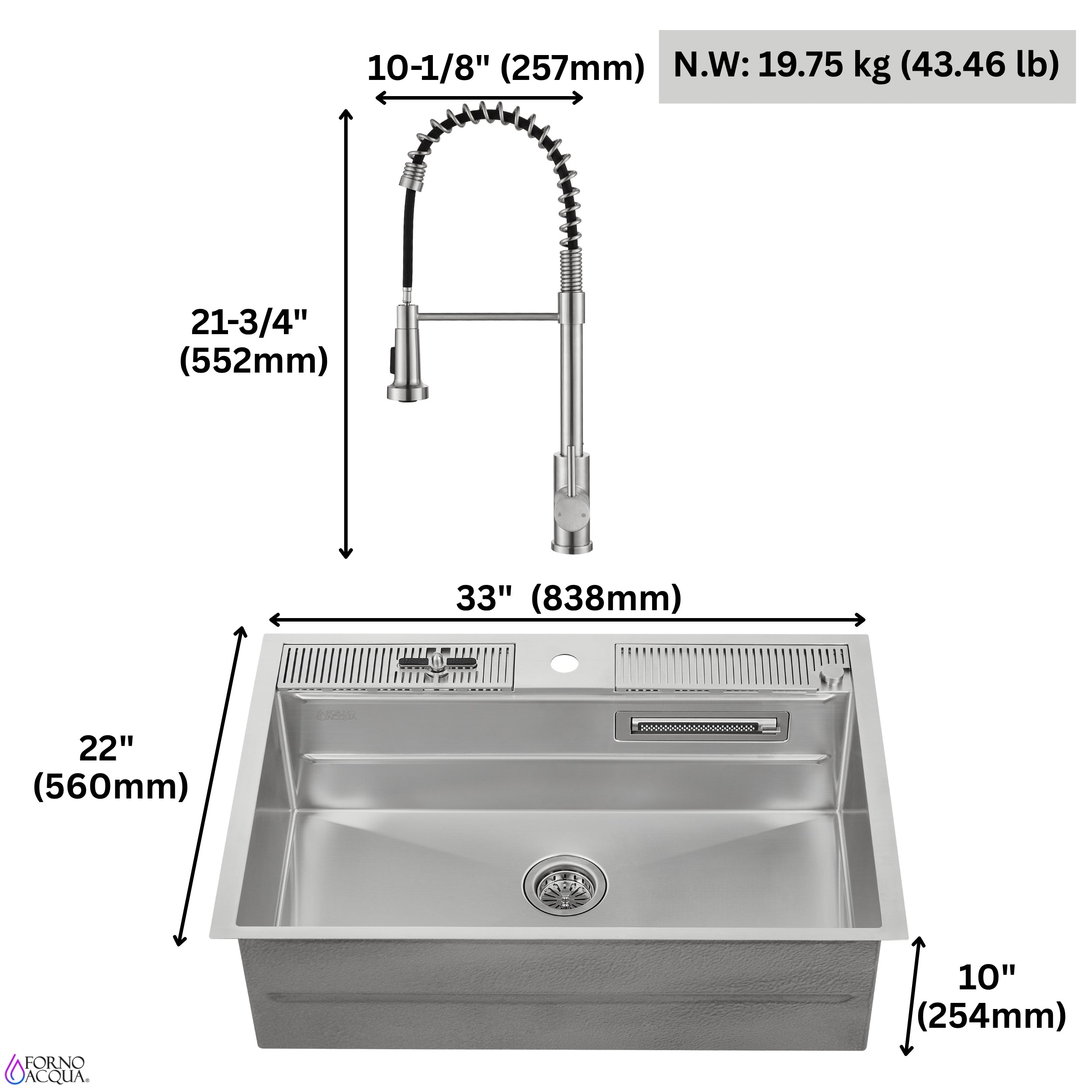 FORNO ACQUA MultiSINK kit with Integrated Waterfall Rinsing and Glass Washing Station.  Includes Chef Faucet and Accessories.
