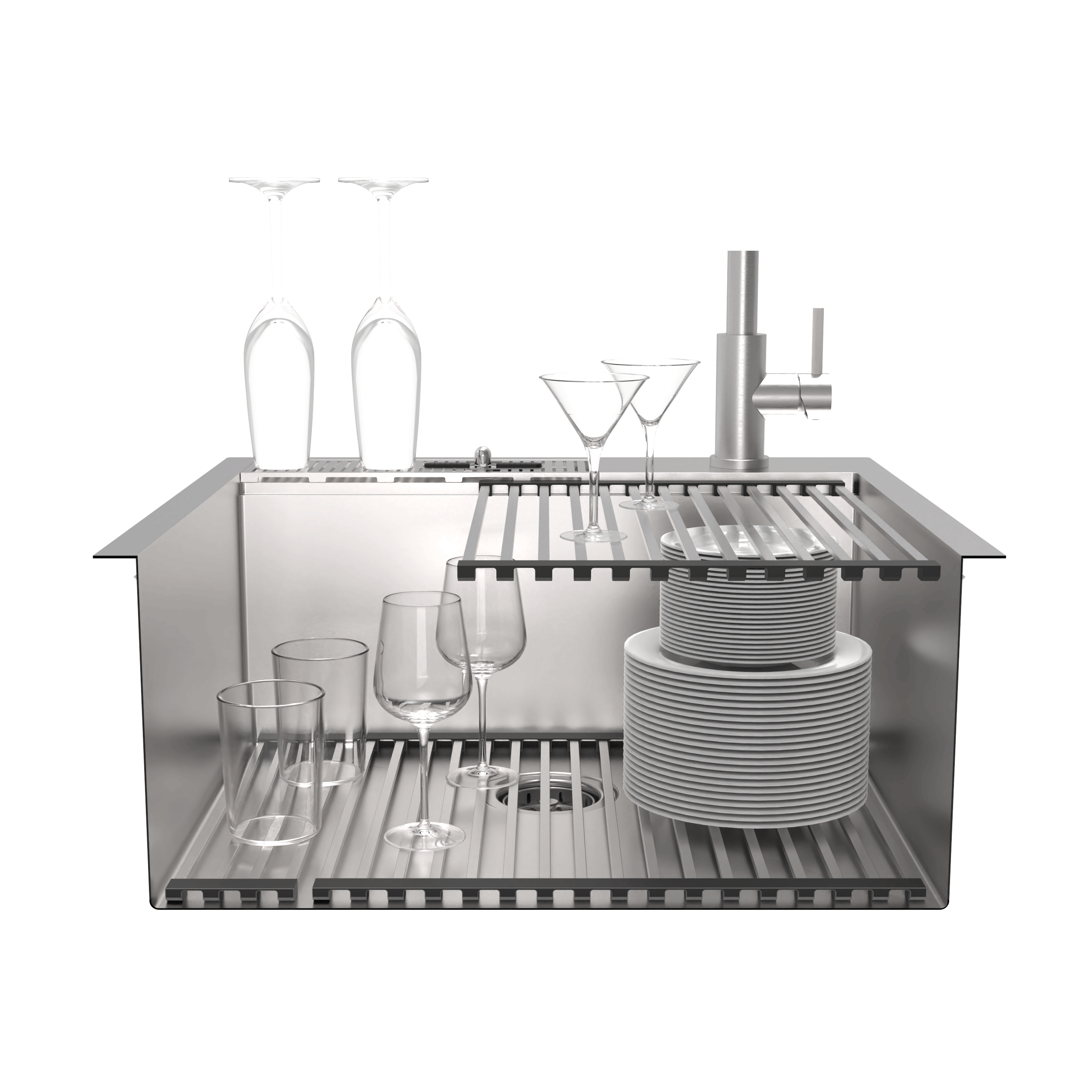 FORNO ACQUA L20" X W22" X D10" 18ga Stainless Steel 304 2-Level MultiSINK Kit with Glass Rinser, 3 Function Stainless Steel Pull-Down Kitchen Faucet, 3 Roll-Up Grids and 1 Strainer