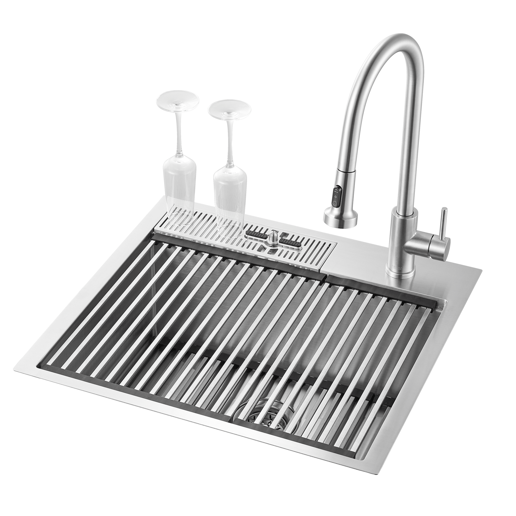 FORNO ACQUA L24" X W22" X D10" 18ga Stainless Steel 304 2-Level MultiSINK Kit with Glass Rinser, 3 Function Stainless Steel Pull-Down Kitchen Faucet, 4 Roll-Up Grids and 1 Strainer