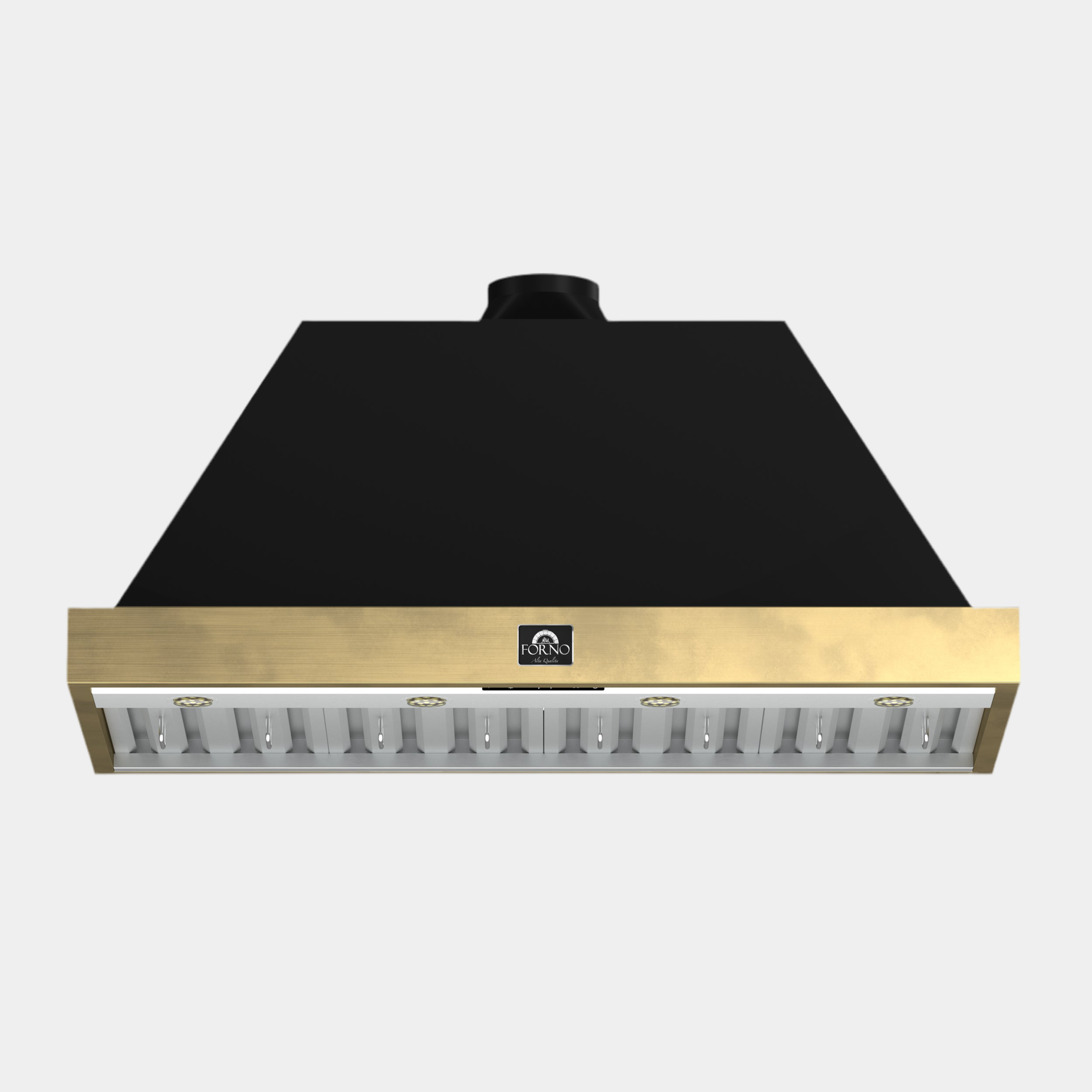 Forno Vittorio 48-Inch Wall Mount Range Hood, Black with Antique Brass Trim, 600 CFM Airflow, Dishwasher-Safe Baffle Filters, Remote Control, 3-Speed Fan, Bright LED Lighting.