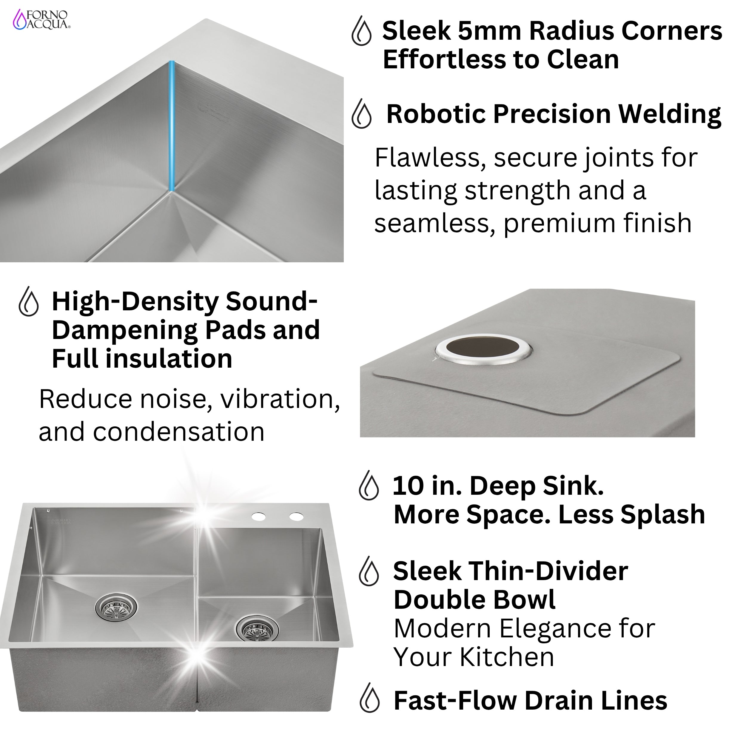 FORNO ACQUA 33 in. Drop-In/Undermount 40/60 Double Bowl Stainless Steel Sink with Waterfall Faucet