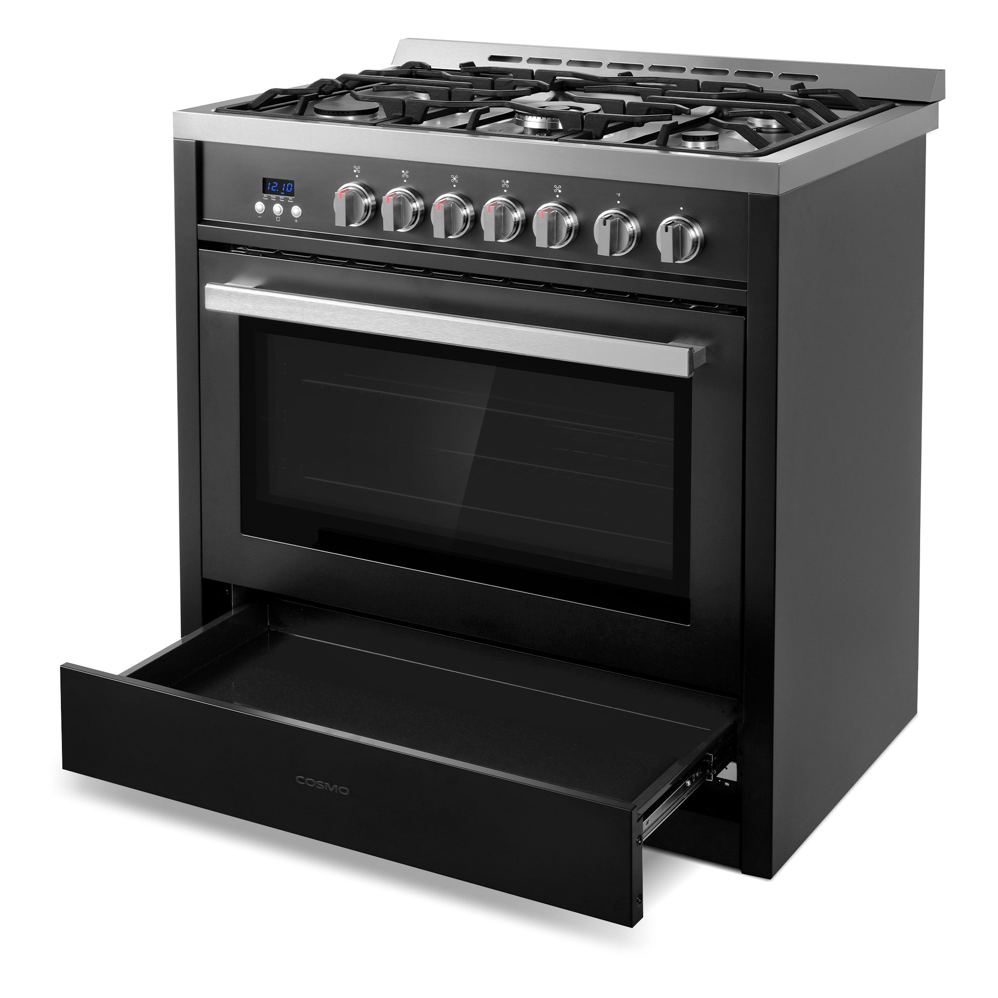 Cosmo Nebula 36 in. 3.8 cu. ft. 5-Burner Black Gas Range with Storage Drawer | COS-965AGC-BKS