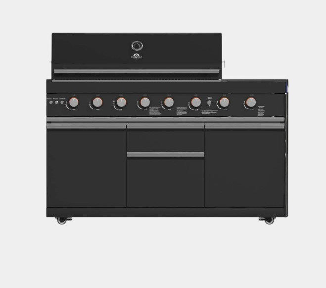 Forno All’Aperto 99,600 BTU Outdoor Kitchen, 5 Burners, Infrared Burners, Side Burner, Black Sintered Stone Countertops, Gas Pizza Oven, Sink Module, Bar & Beverage Center