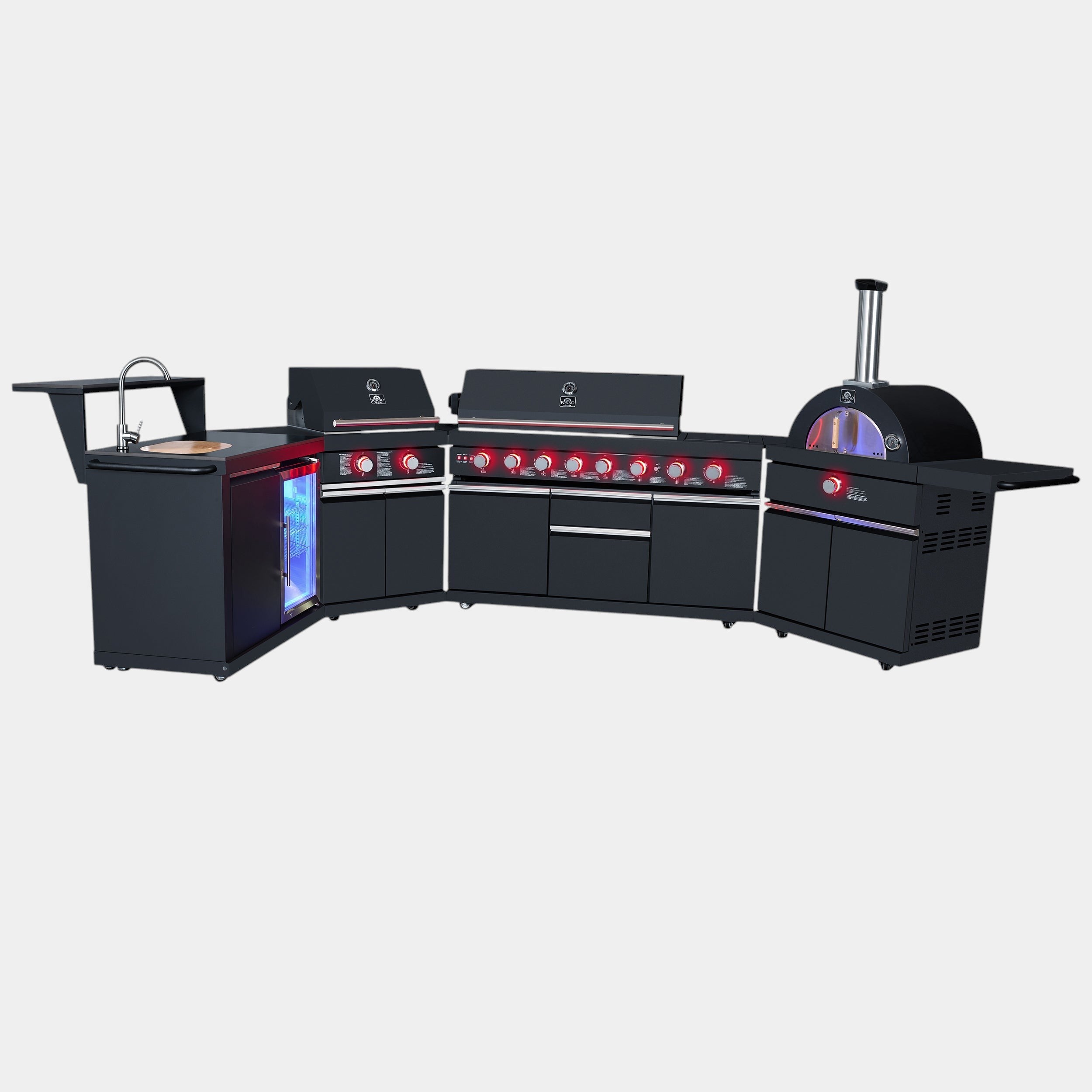 Forno All’Aperto 99,600 BTU Outdoor Kitchen, 5 Burners, Infrared Burners, Side Burner, Black Sintered Stone Countertops, Gas Pizza Oven, Sink Module, Bar & Beverage Center