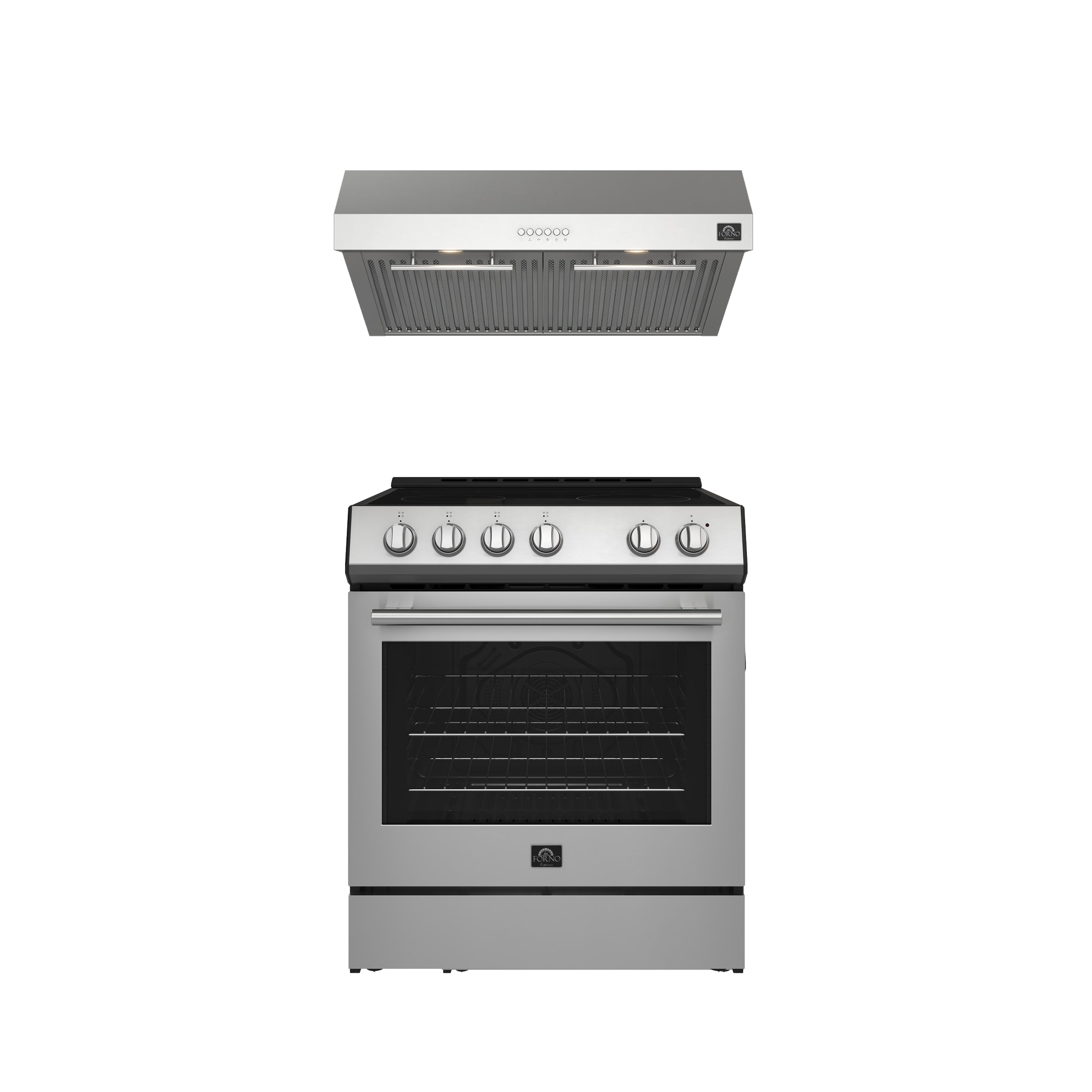FORNO Premium 2-Piece Kitchen Bundle - Leonardo Espresso 30" Stainless Steel Range, 30" Stainless Steel Range Hood - FBDL-002-01US