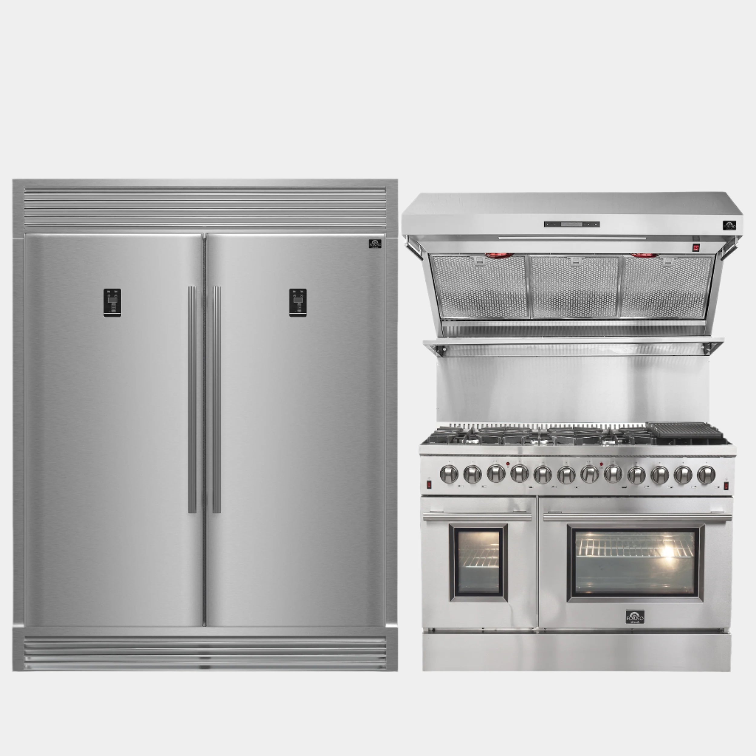 FORNO Premium 3-Piece Kitchen Bundle - FORNO Galiano 48" Freestanding Dual Fuel Range, FORNO Rizzuto 60" W. Dual Combo Convertible Refrigerator, FORNO 48" Wall Mount Range Hood - FBDL-017-02US