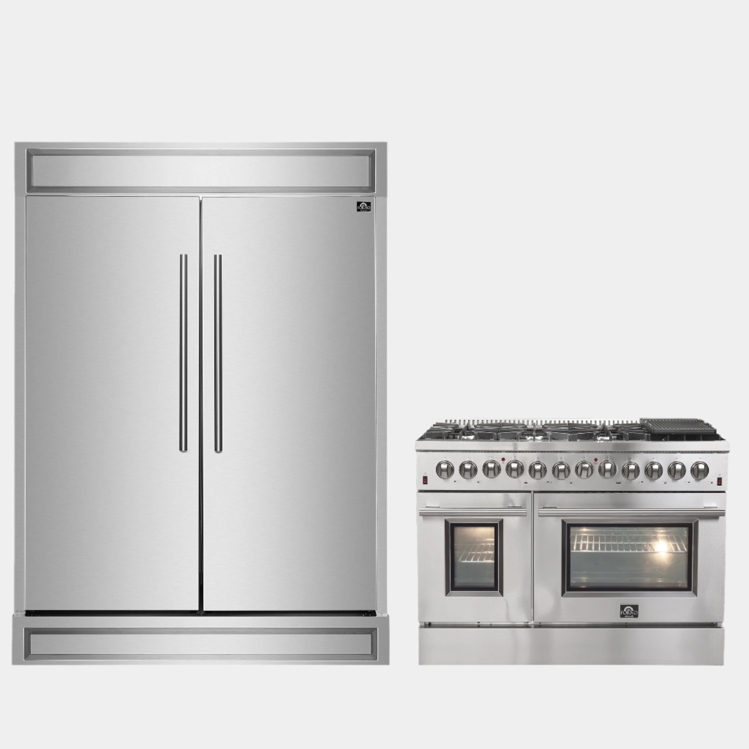 FORNO Premium 2-Piece Kitchen Bundle - Galiano 48" Stainless Steel Dual Fuel Range, Forno Maderno 2-28 " Wide Units with Decorative Trim - FBDL-017-03CAUS