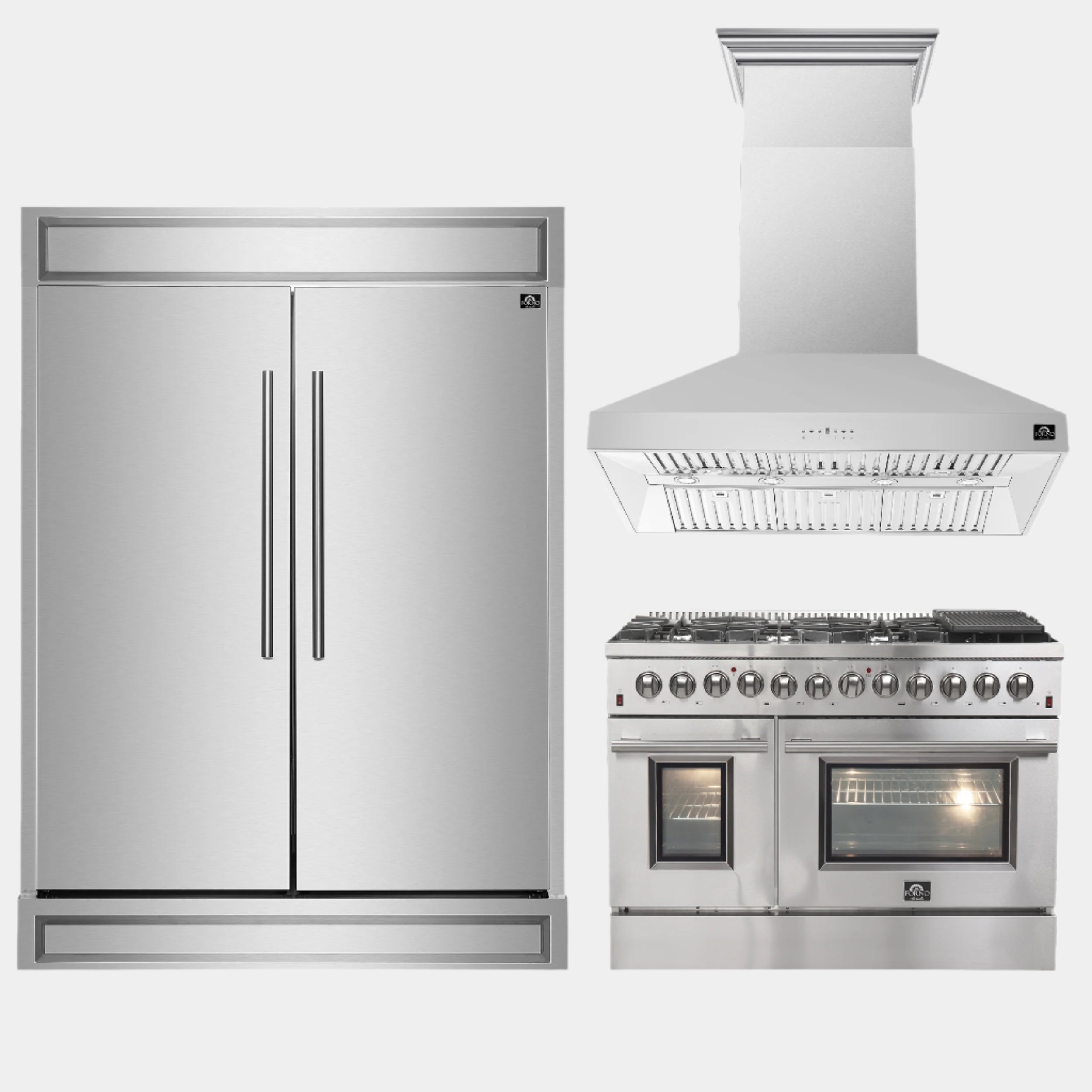 FORNO Premium 3-Piece Kitchen Bundle - FORNO Galiano 48" Freestanding Dual Fuel Range, FORNO Maderno 60" 2-Piece Convertible Refrigerator/Freezer Built-In with Decorative Grill Trim, 27.2 cu.ft., FORNO Orvieto 48" Wall Mount Range Hood - FBDL-017-04CAUS